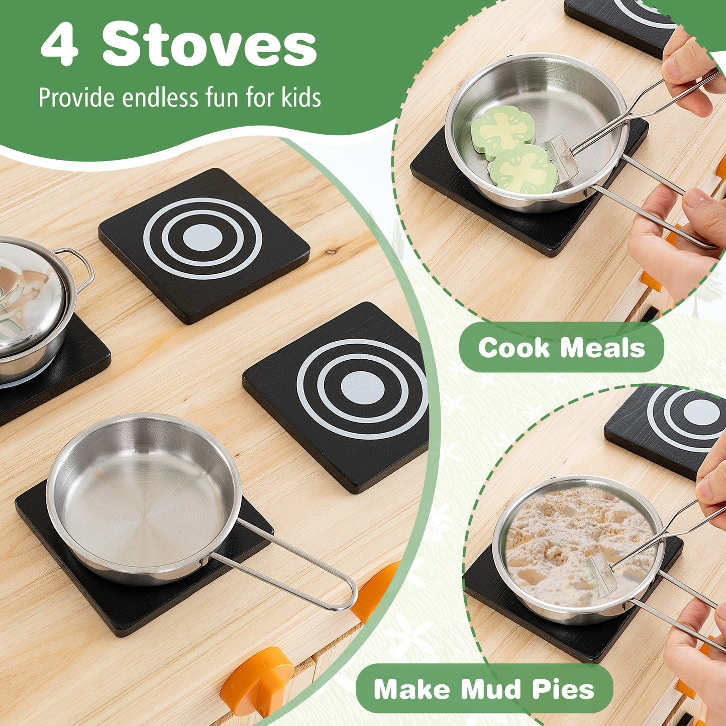 Mud Kitchen Fir Wood Play Kitchen with Canopy and Sink and 4 Stoves-Natural Kids Crystal