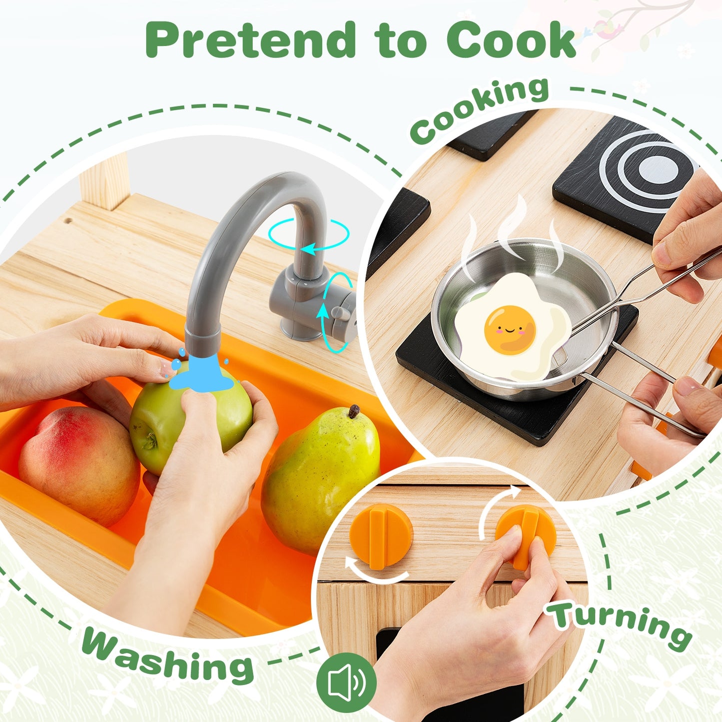 Mud Kitchen Fir Wood Play Kitchen with Canopy and Sink and 4 Stoves-Natural Kids Crystal