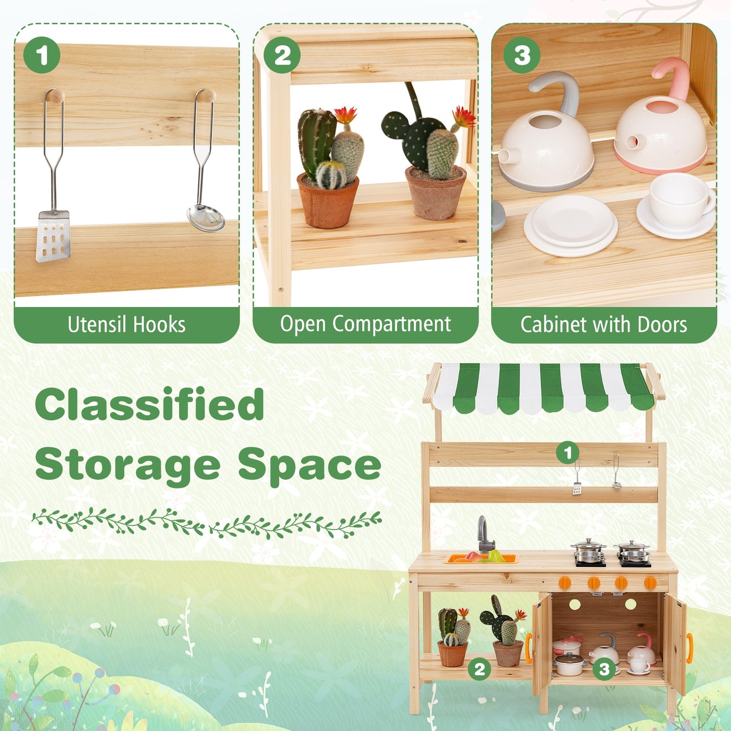 Mud Kitchen Fir Wood Play Kitchen with Canopy and Sink and 4 Stoves-Natural Kids Crystal