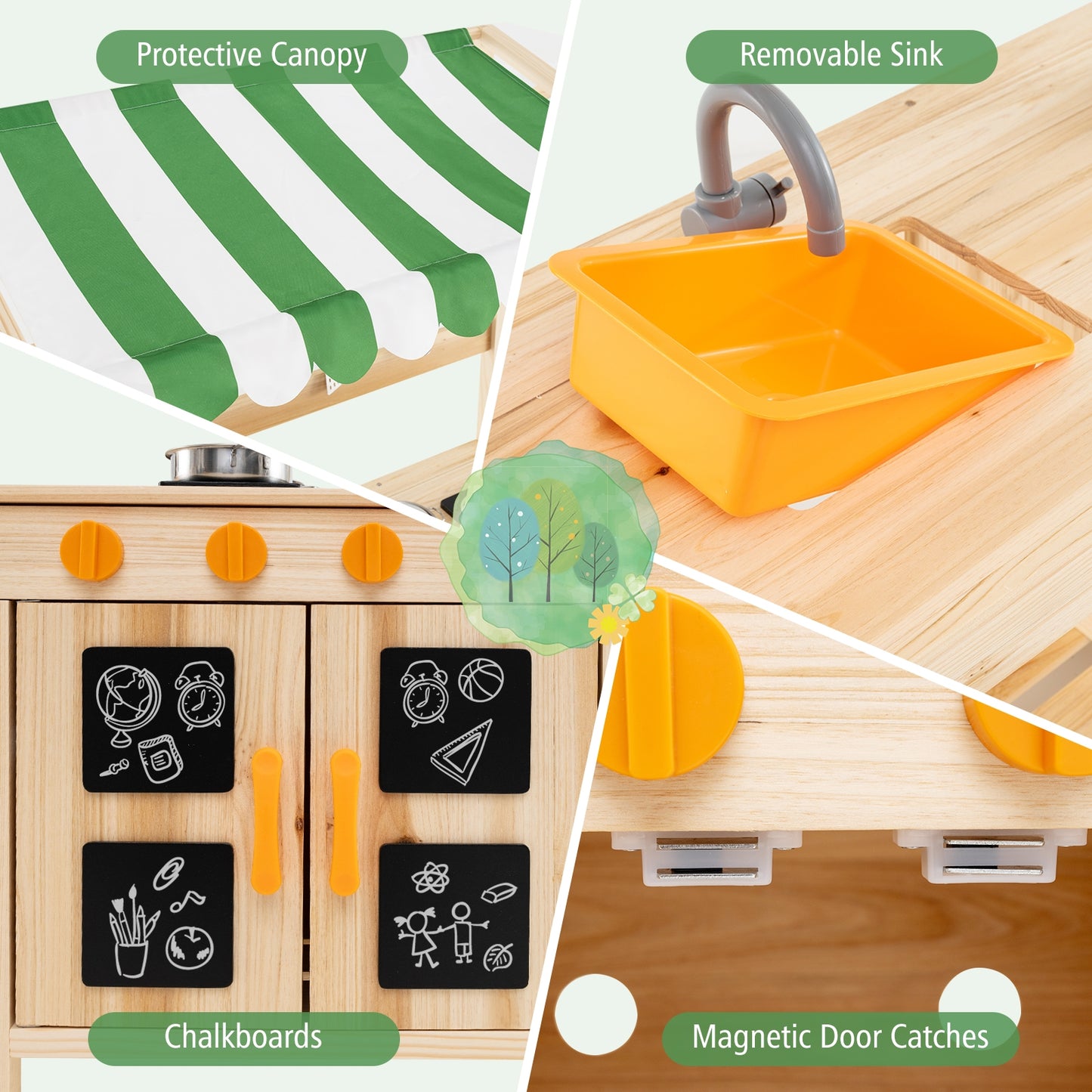 Mud Kitchen Fir Wood Play Kitchen with Canopy and Sink and 4 Stoves-Natural Kids Crystal