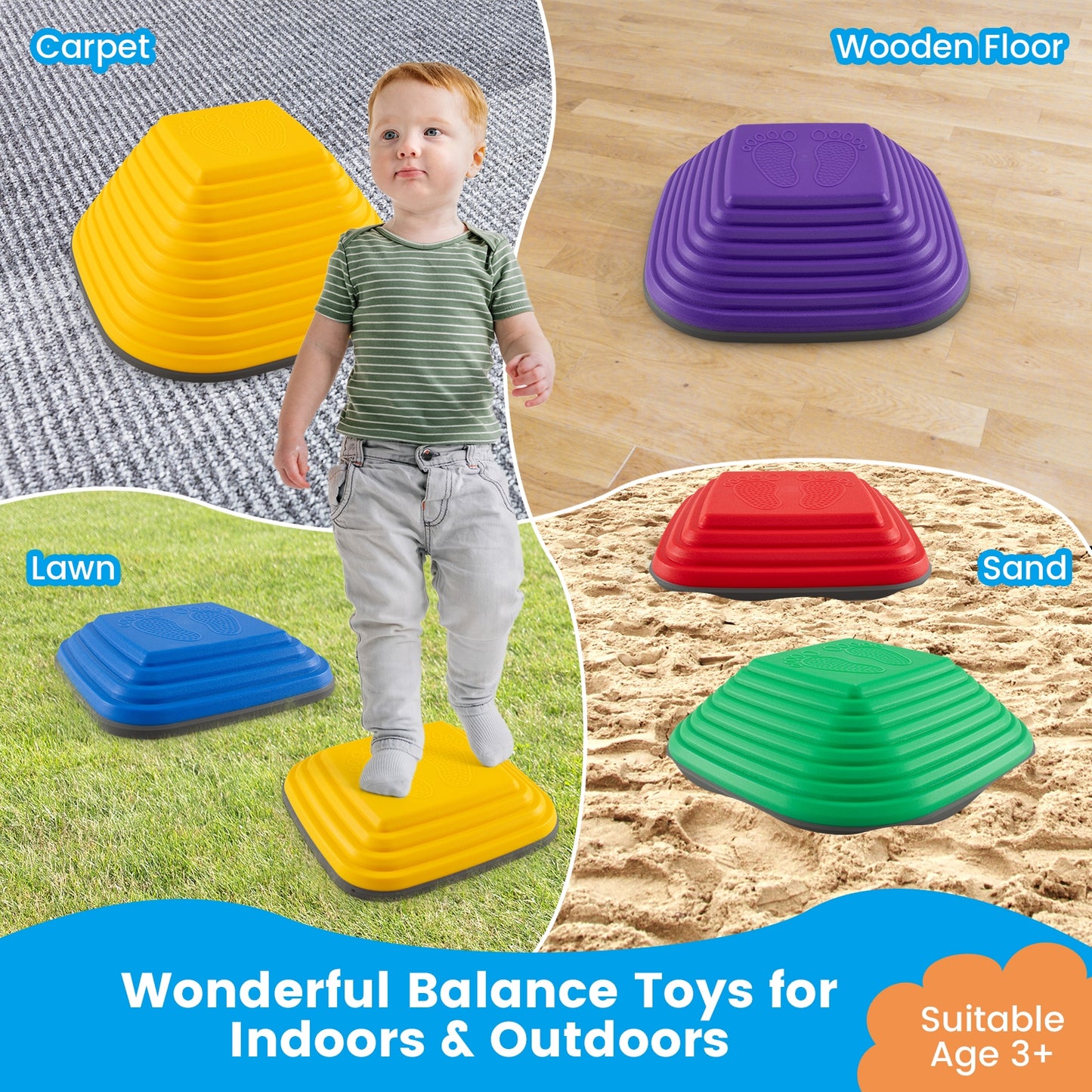 6 Pieces Kids Stepping Stone Square Balance Blocks Indoor Outdoor-Multicolor Kids Crystal