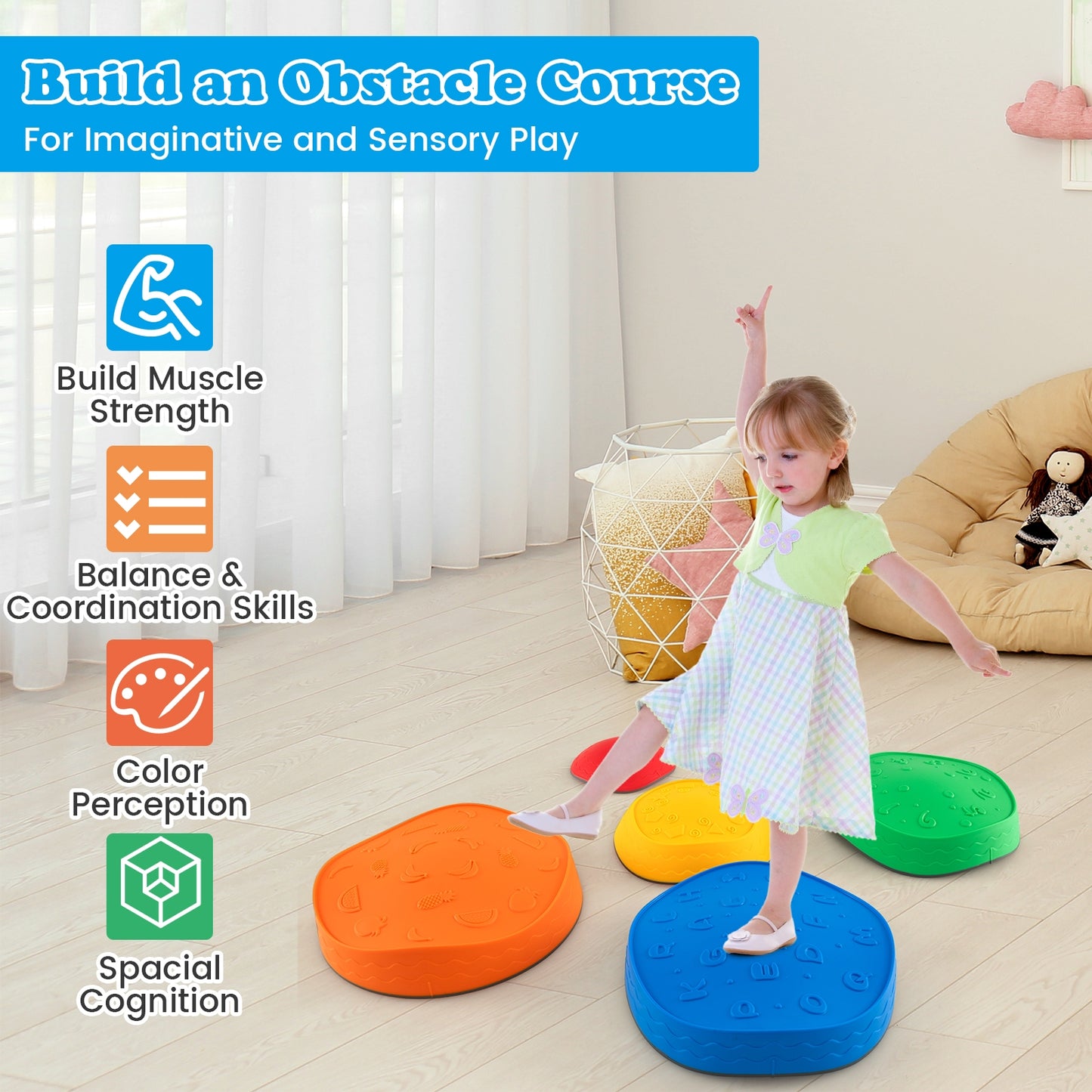 5 Pieces Kids Stepping Stones Stackable Round River Stone Indoor Outdoor-Multicolor Kids Crystal