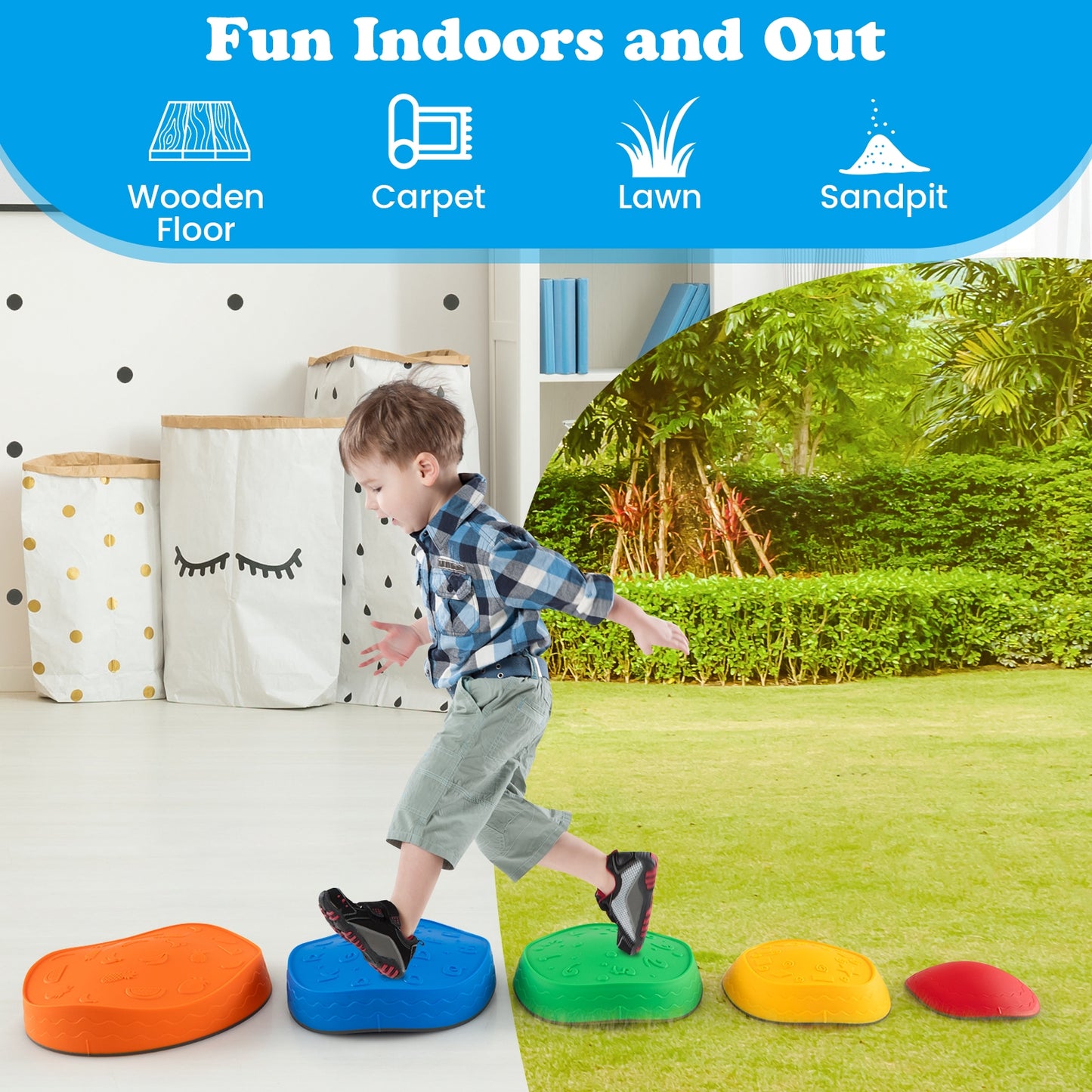 5 Pieces Kids Stepping Stones Stackable Round River Stone Indoor Outdoor-Multicolor Kids Crystal