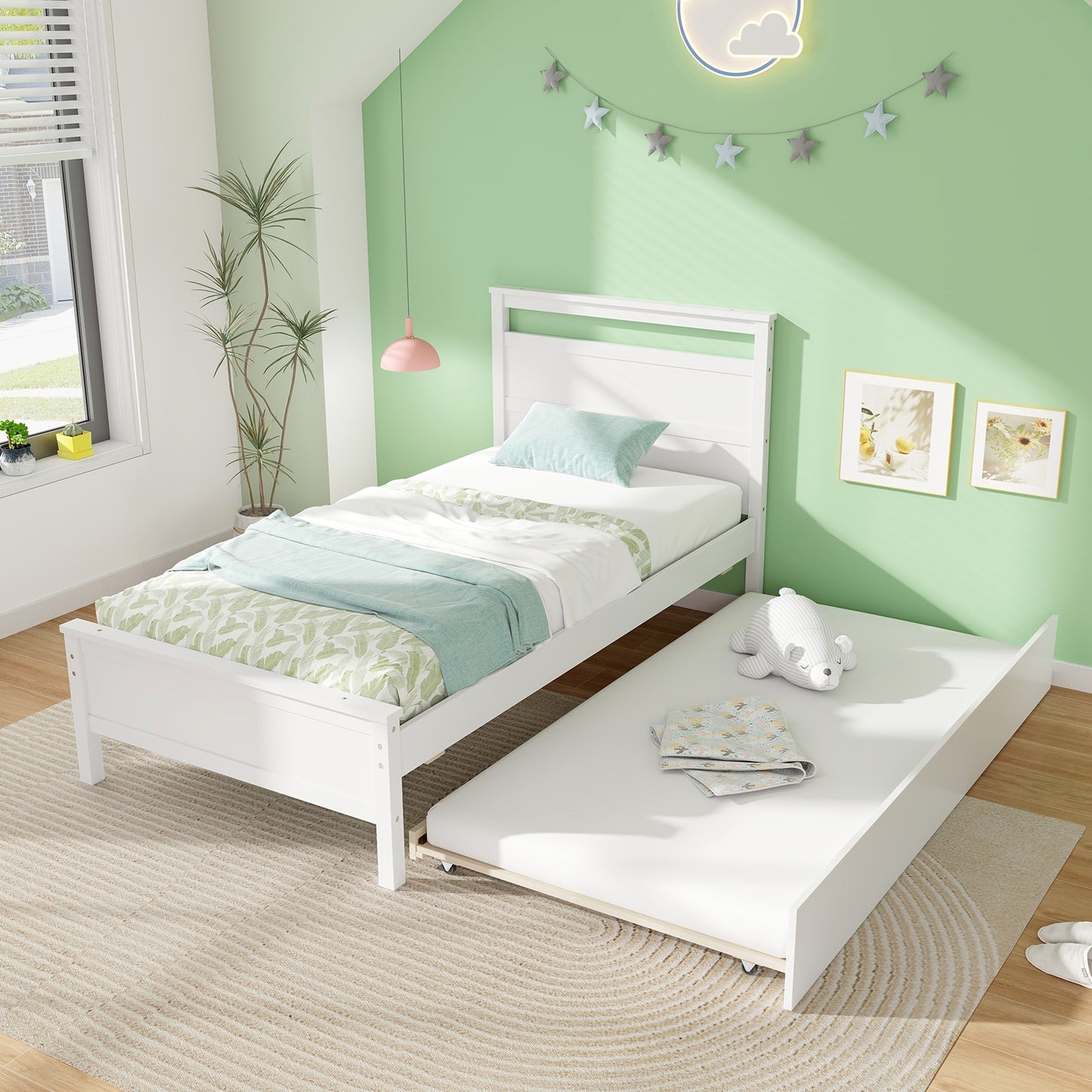 Twin Size Wooden Bed Frame with Trundle for Teens and Adults-White Kids Crystal