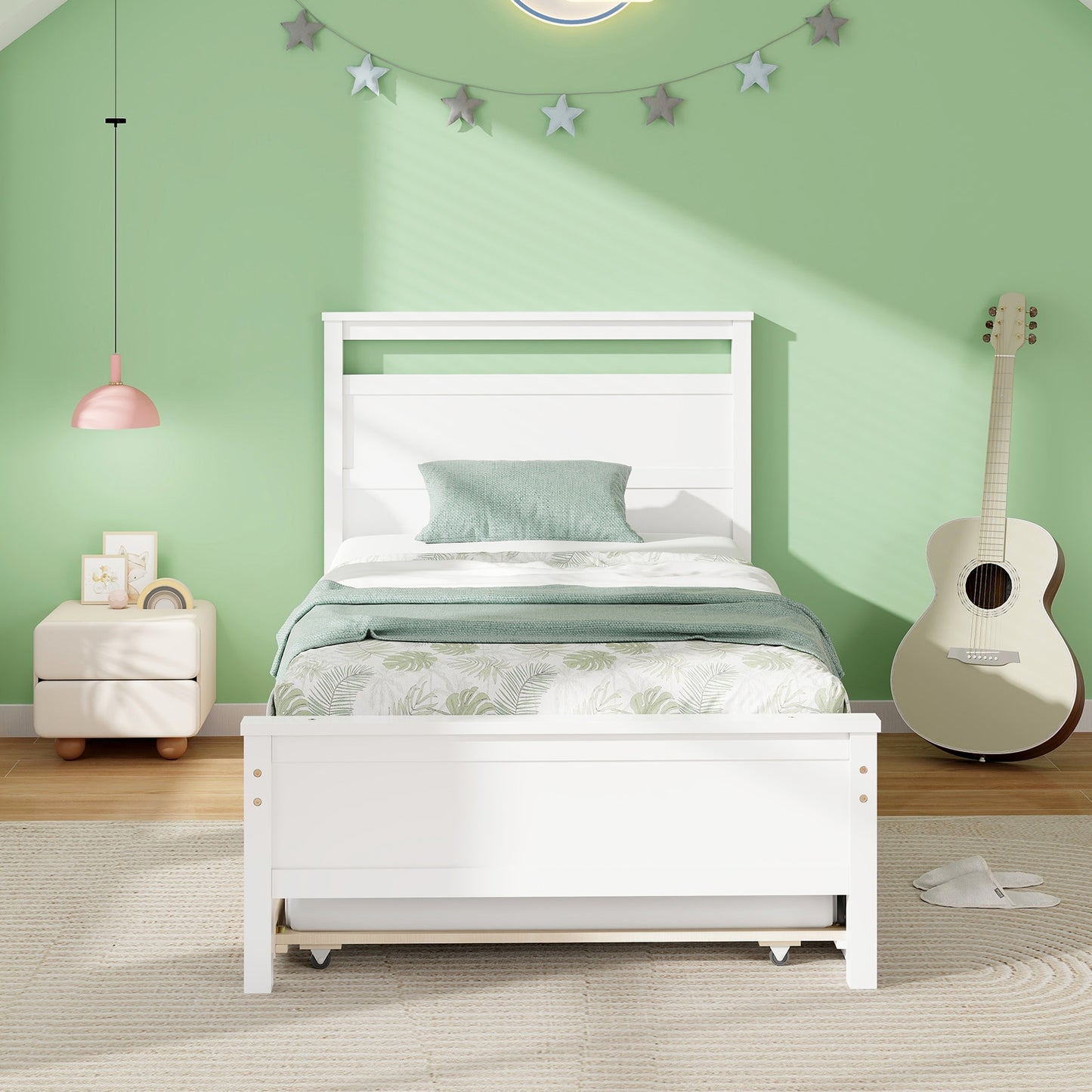 Twin Size Wooden Bed Frame with Trundle for Teens and Adults-White Kids Crystal