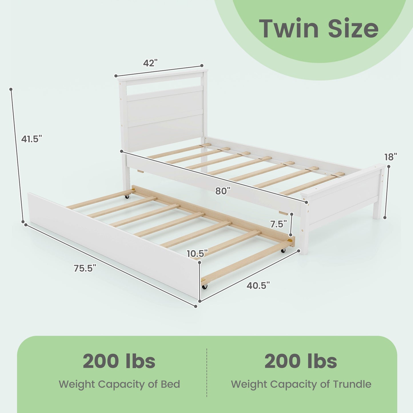 Twin Size Wooden Bed Frame with Trundle for Teens and Adults-White Kids Crystal