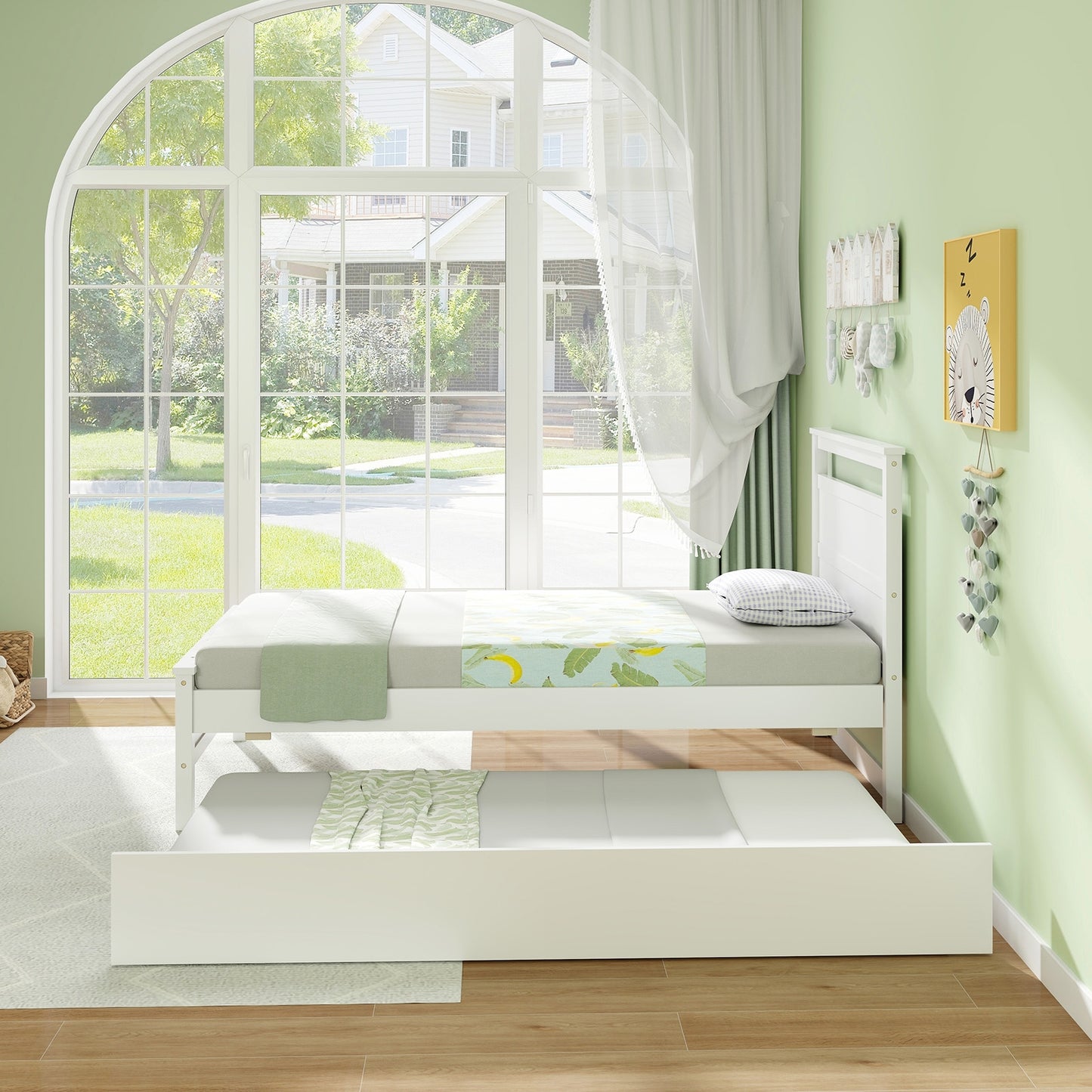 Twin Size Wooden Bed Frame with Trundle for Teens and Adults-White Kids Crystal