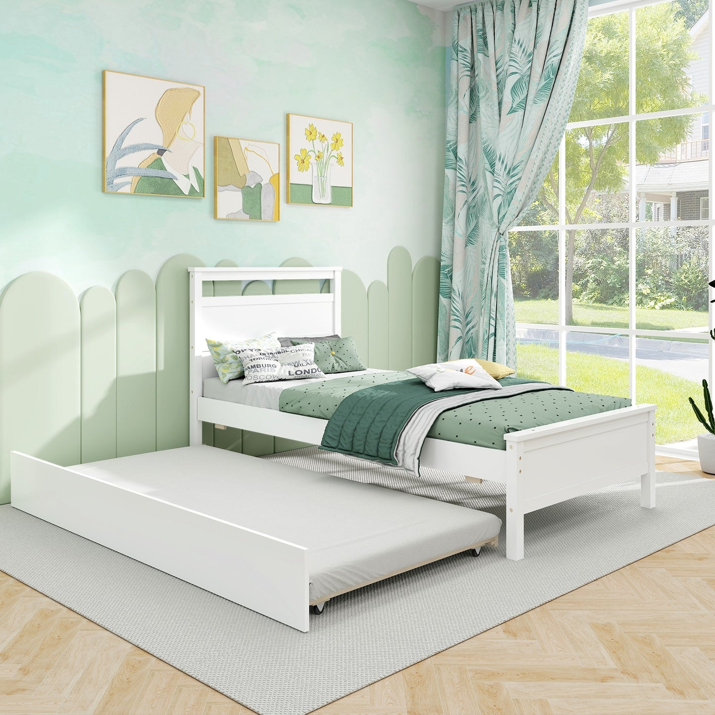 Twin Size Wooden Bed Frame with Trundle for Teens and Adults-White Kids Crystal