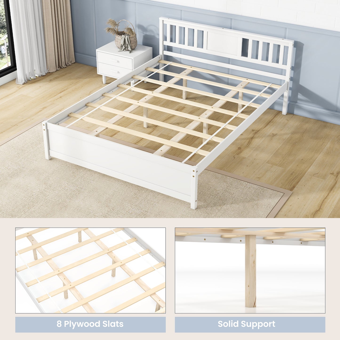 Wooden Platform Bed with Headboard and Wood Slat Support White-Queen Size Kids Crystal