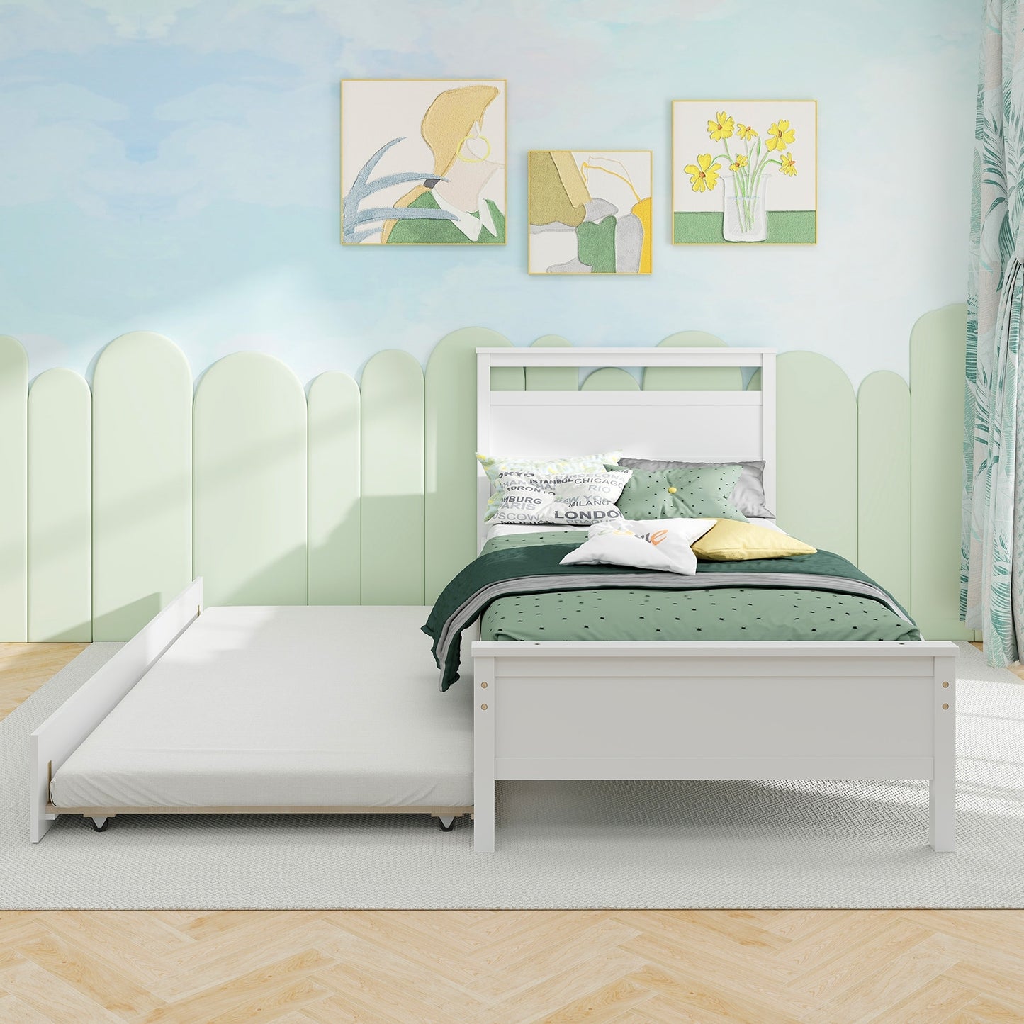 Twin Size Wooden Bed Frame with Trundle for Teens and Adults-White Kids Crystal