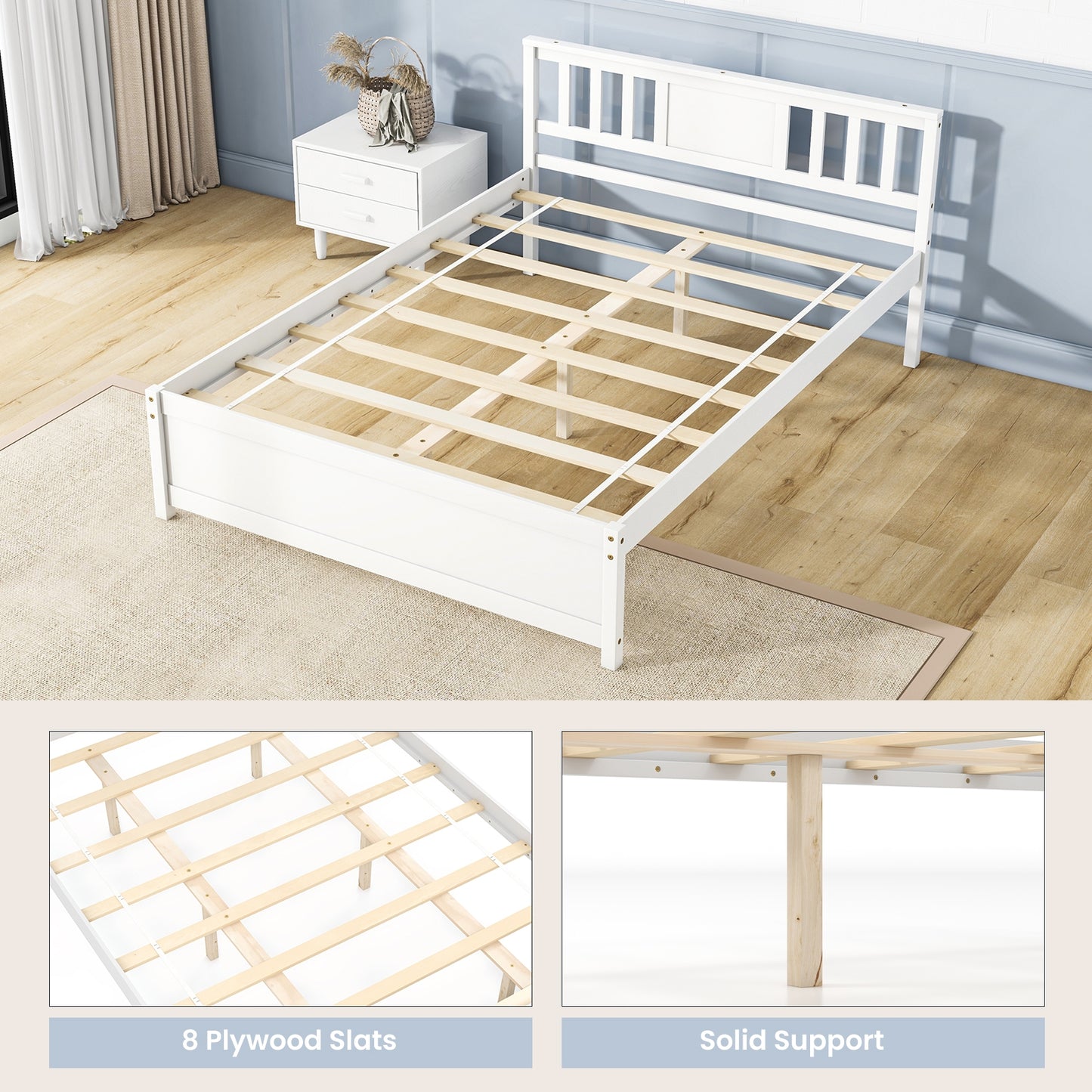 Wooden Platform Bed with Headboard and Wood Slat Support White-Full Size Kids Crystal