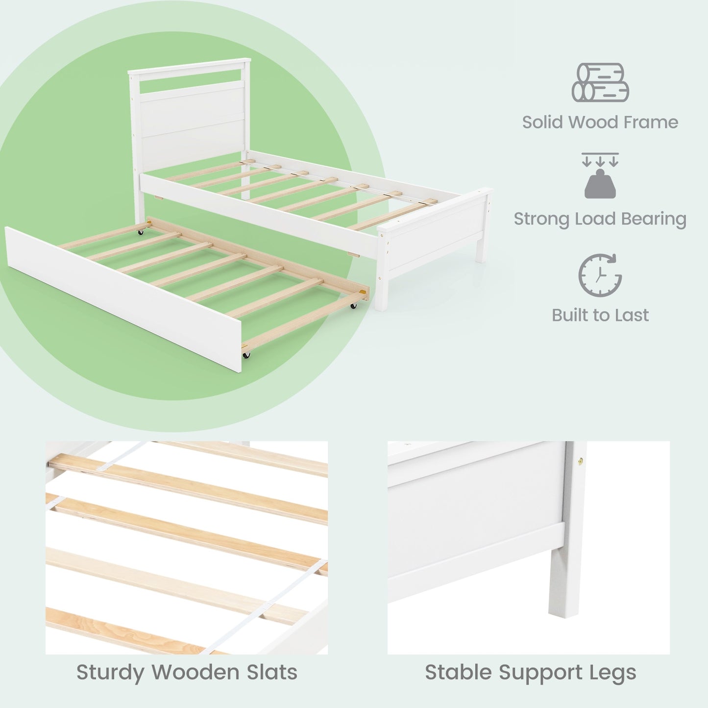 Twin Size Wooden Bed Frame with Trundle for Teens and Adults-White Kids Crystal
