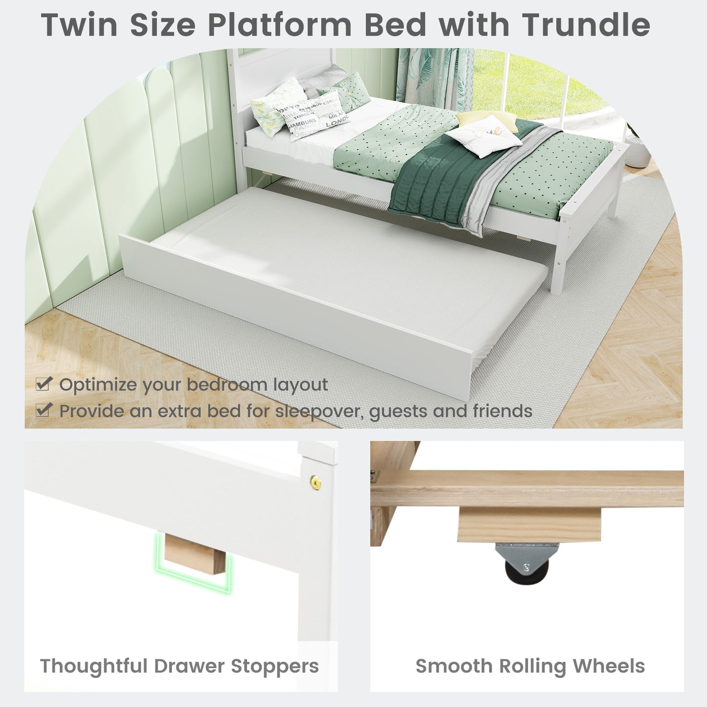 Twin Size Wooden Bed Frame with Trundle for Teens and Adults-White Kids Crystal