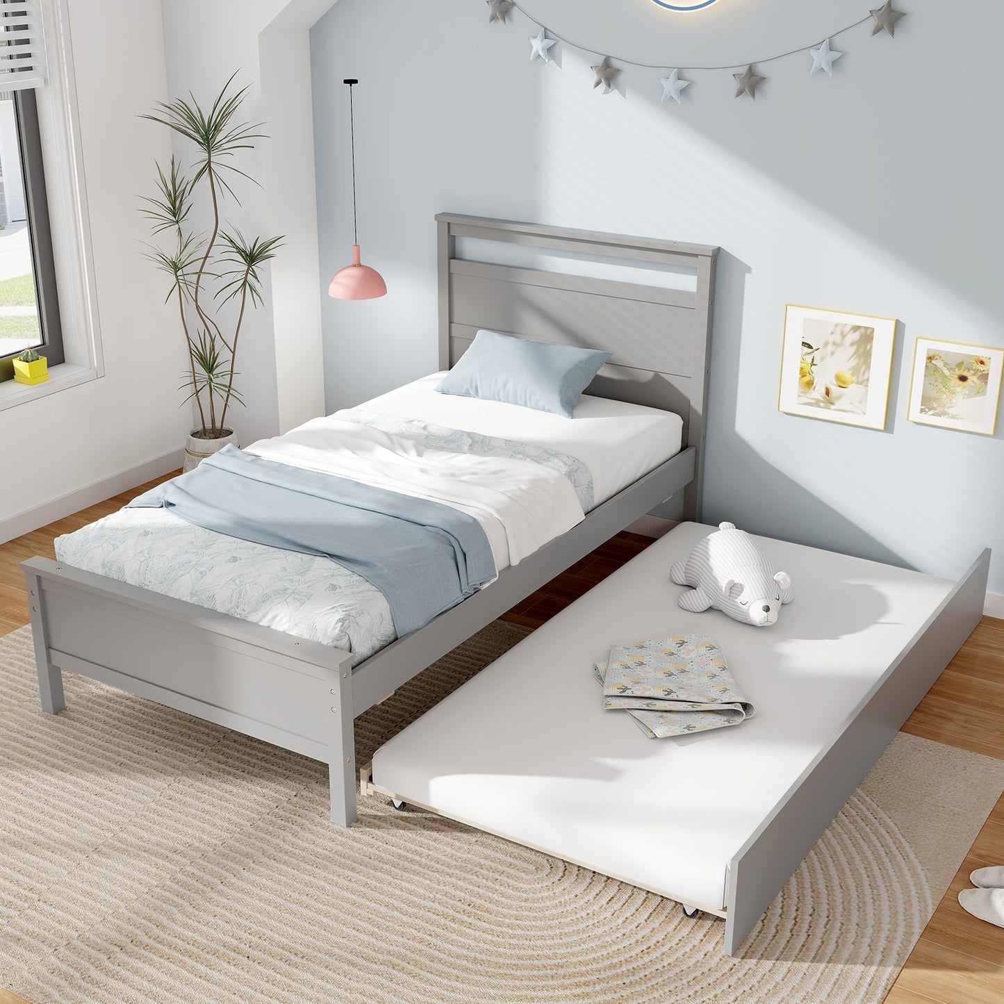 Twin Size Wooden Bed Frame with Trundle for Teens and Adults-Gray Kids Crystal
