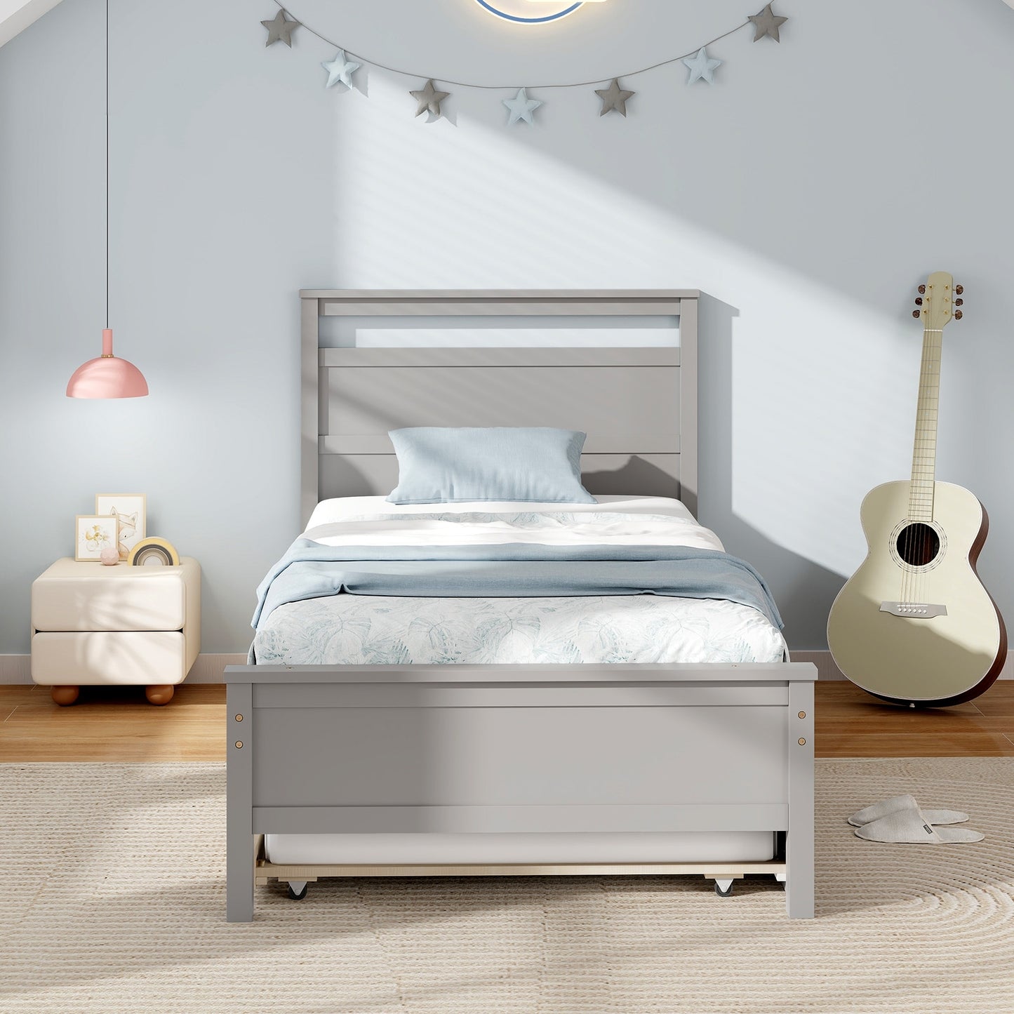 Twin Size Wooden Bed Frame with Trundle for Teens and Adults-Gray Kids Crystal