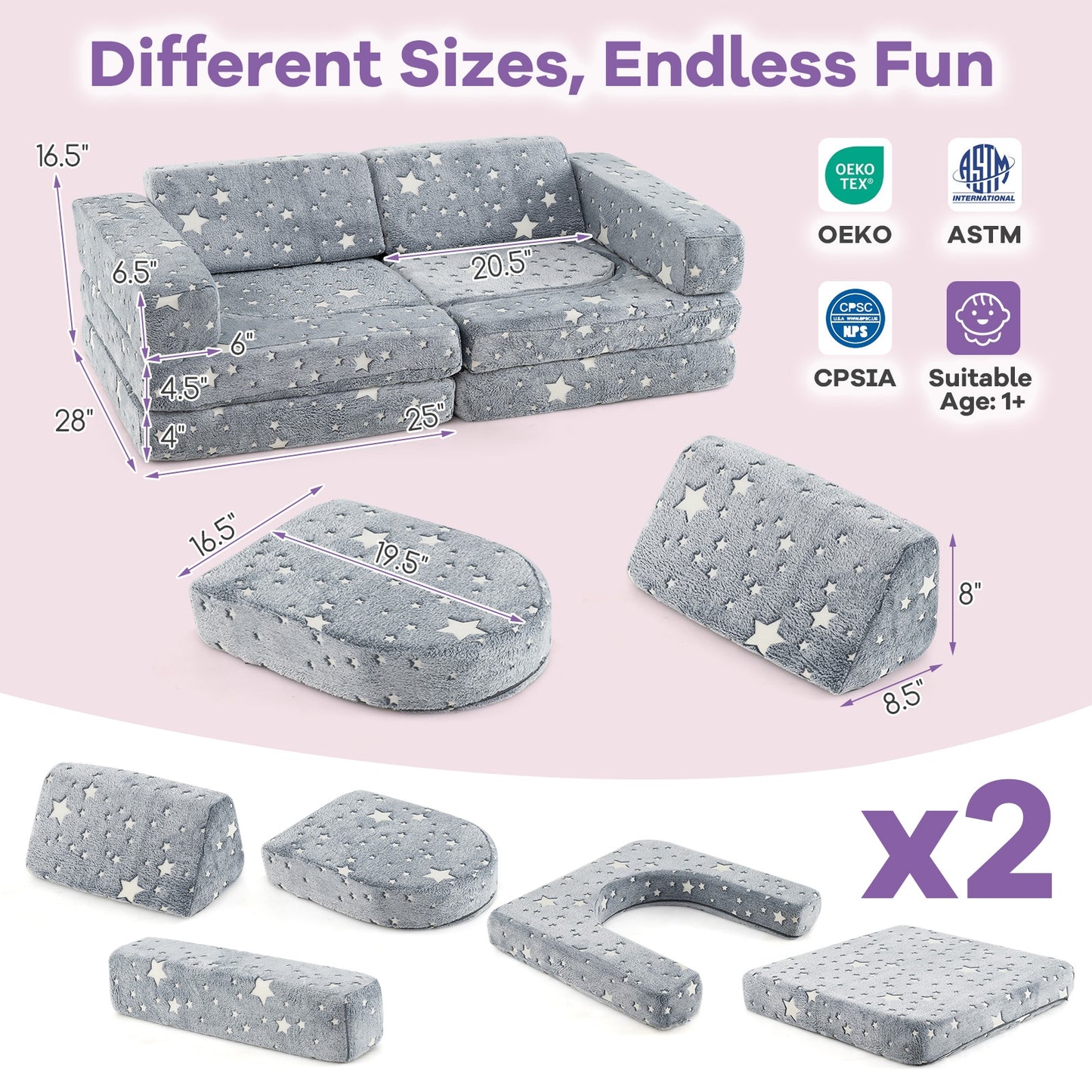 10 Pieces Modular Kids Play Couch Sectional Sofa Glow in the Dark-Gray Kids Crystal