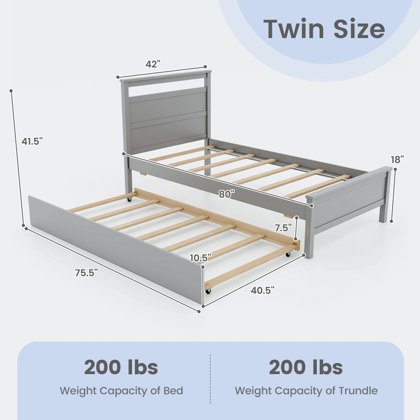 Twin Size Wooden Bed Frame with Trundle for Teens and Adults-Gray Kids Crystal