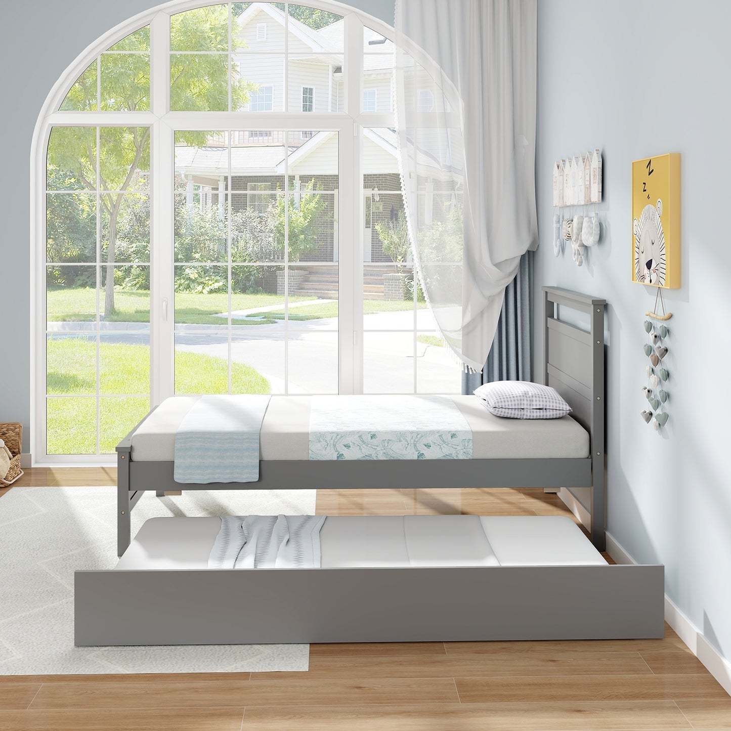 Twin Size Wooden Bed Frame with Trundle for Teens and Adults-Gray Kids Crystal