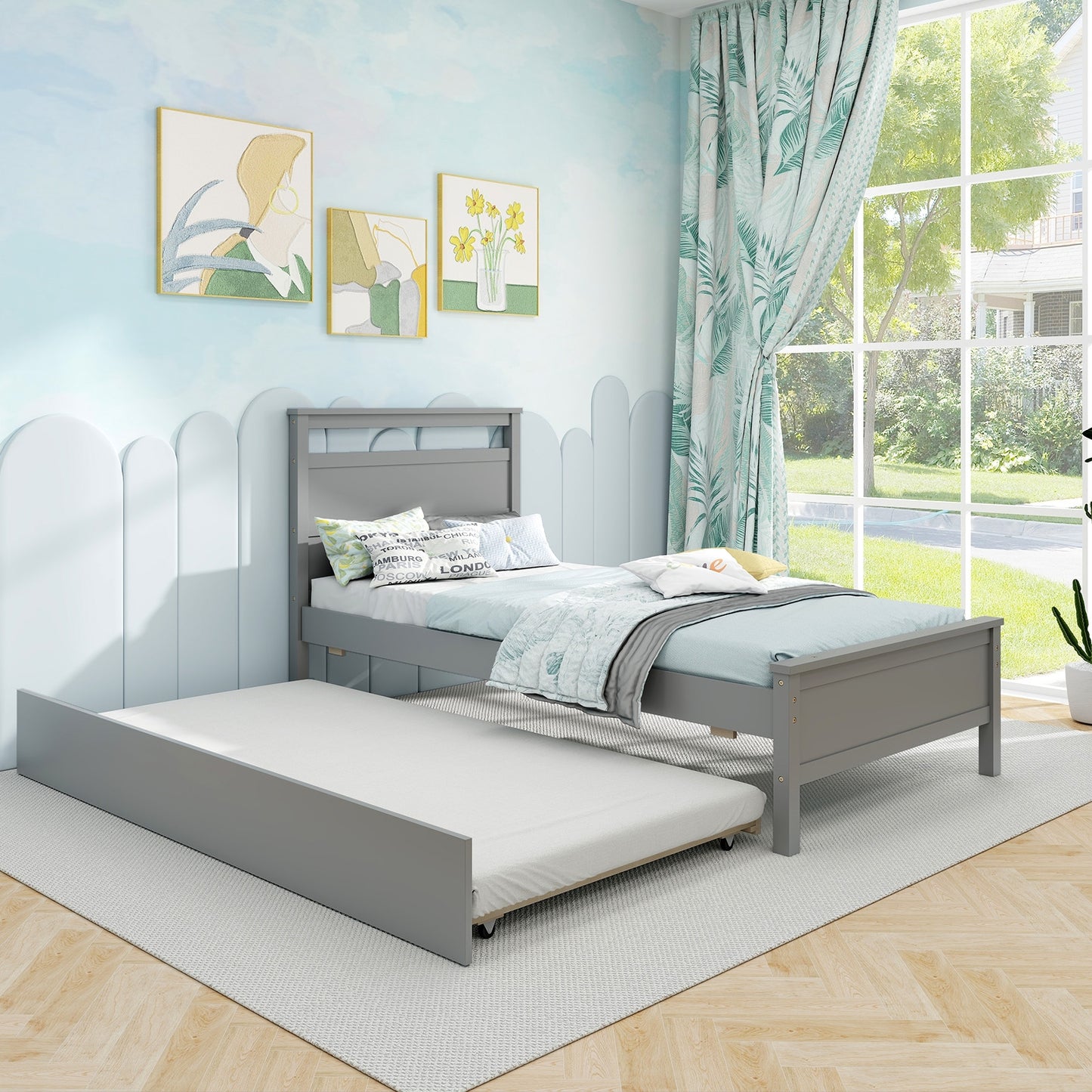 Twin Size Wooden Bed Frame with Trundle for Teens and Adults-Gray Kids Crystal
