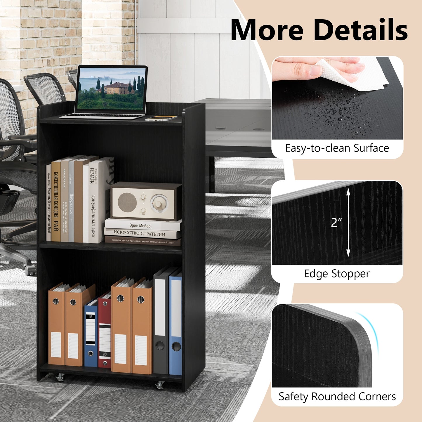 Rolling Podium Stand with 2 Shelves and Lockable Wheels-Black Kids Crystal