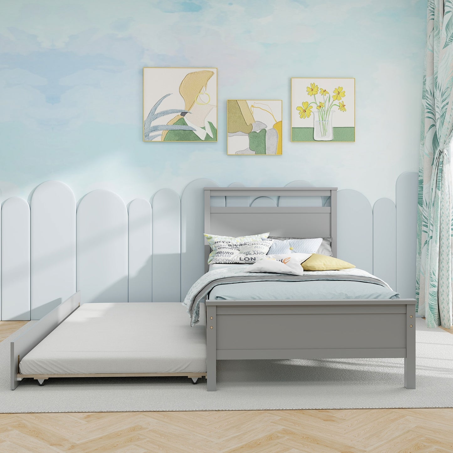 Twin Size Wooden Bed Frame with Trundle for Teens and Adults-Gray Kids Crystal