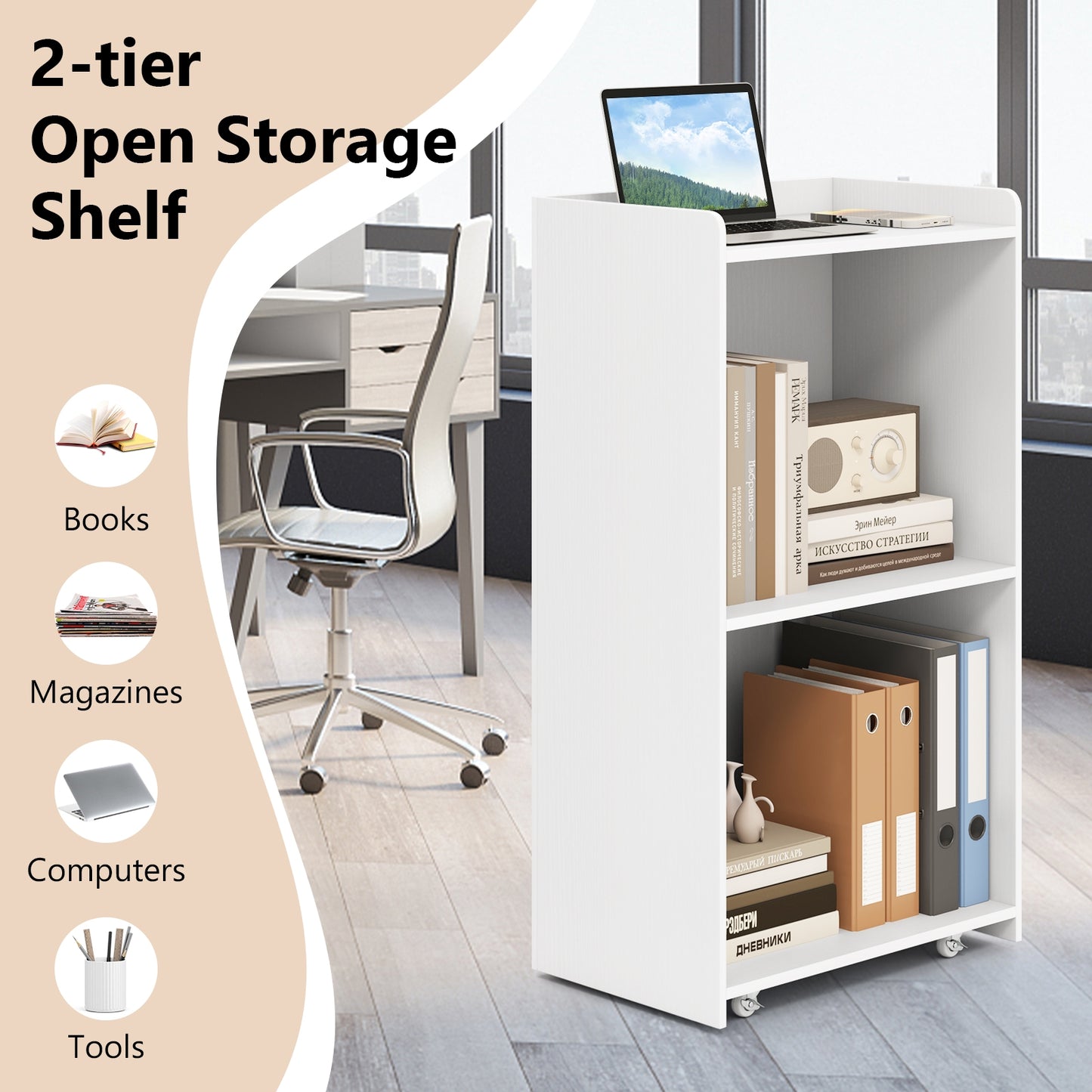 Rolling Podium Stand with 2 Shelves and Lockable Wheels-White Kids Crystal