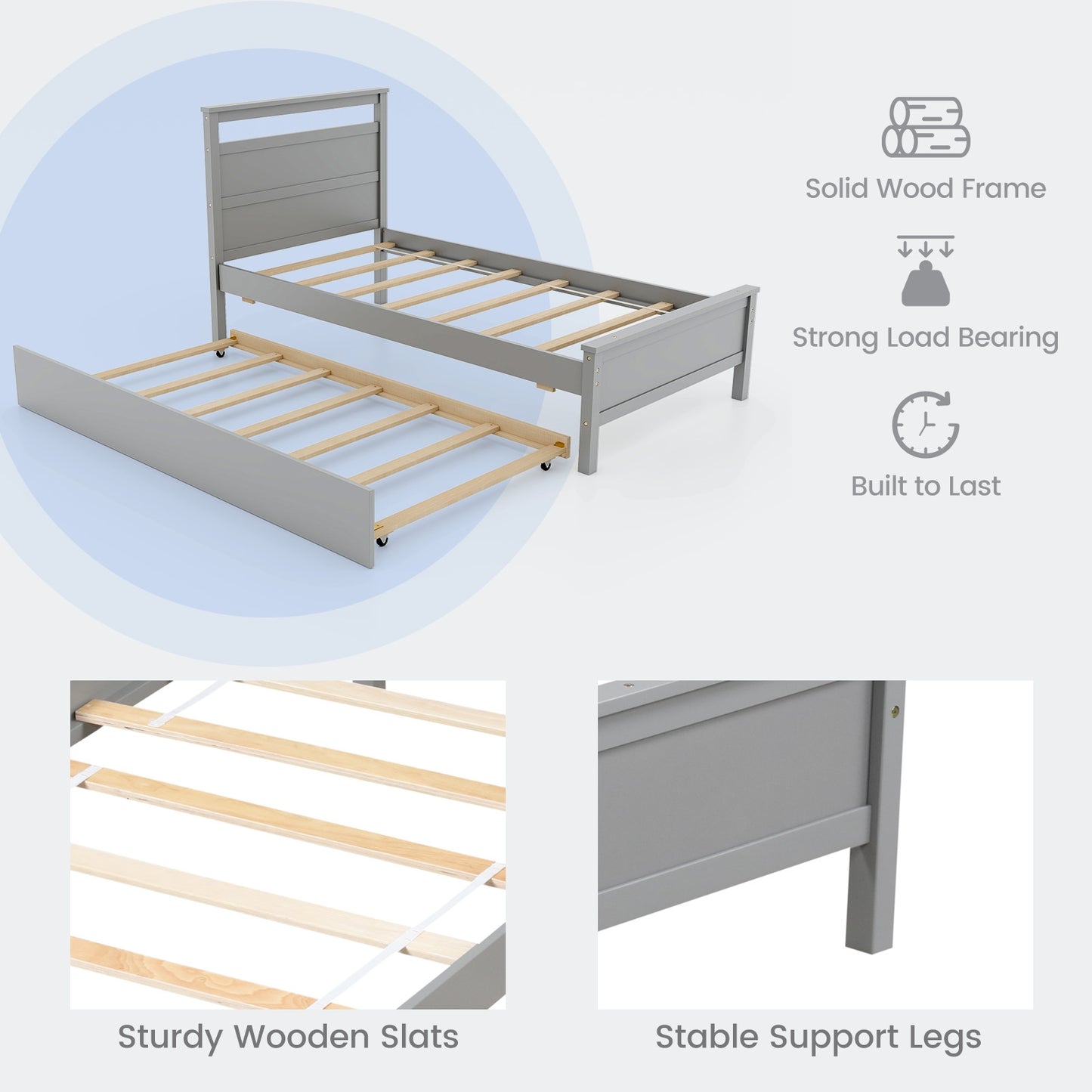 Twin Size Wooden Bed Frame with Trundle for Teens and Adults-Gray Kids Crystal