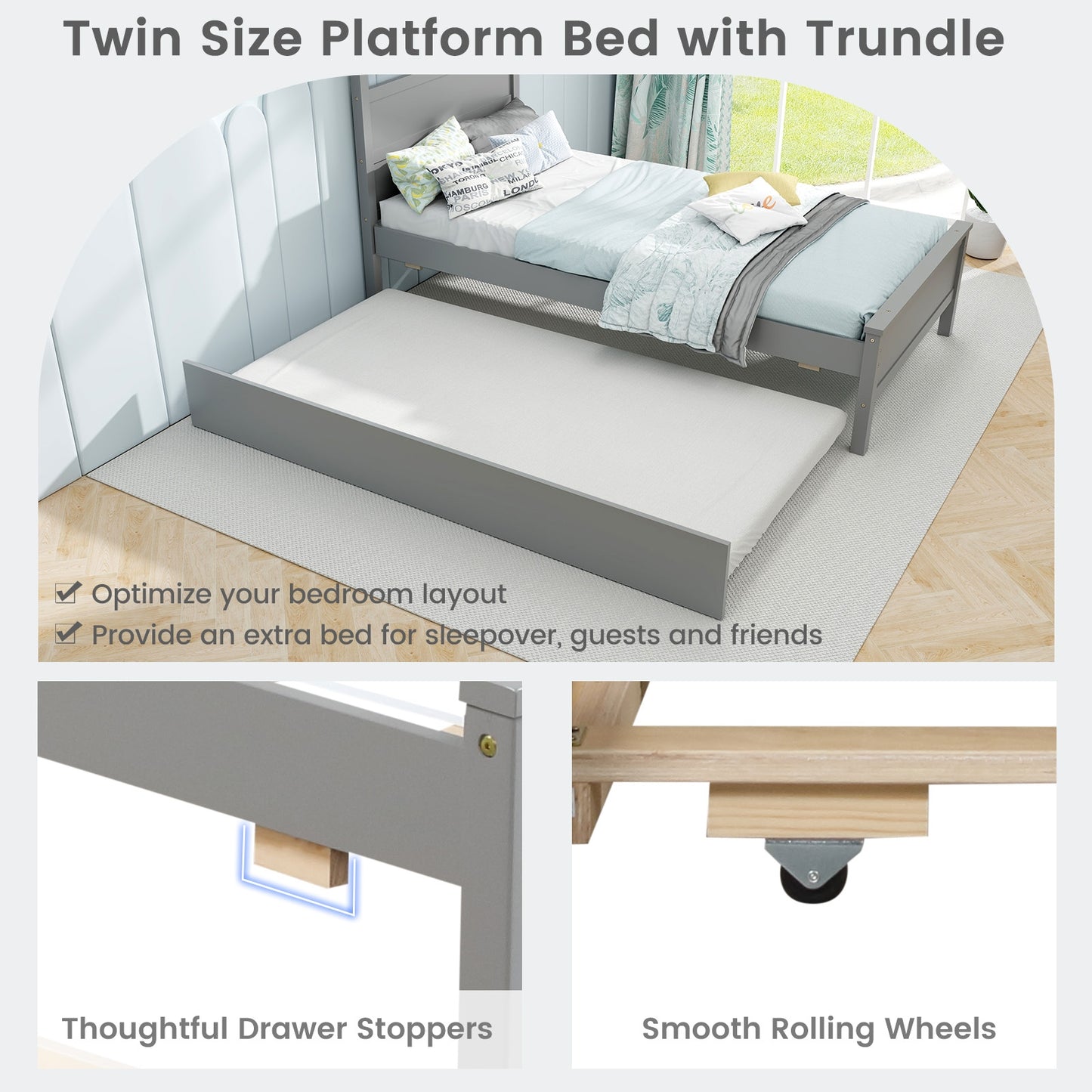 Twin Size Wooden Bed Frame with Trundle for Teens and Adults-Gray Kids Crystal