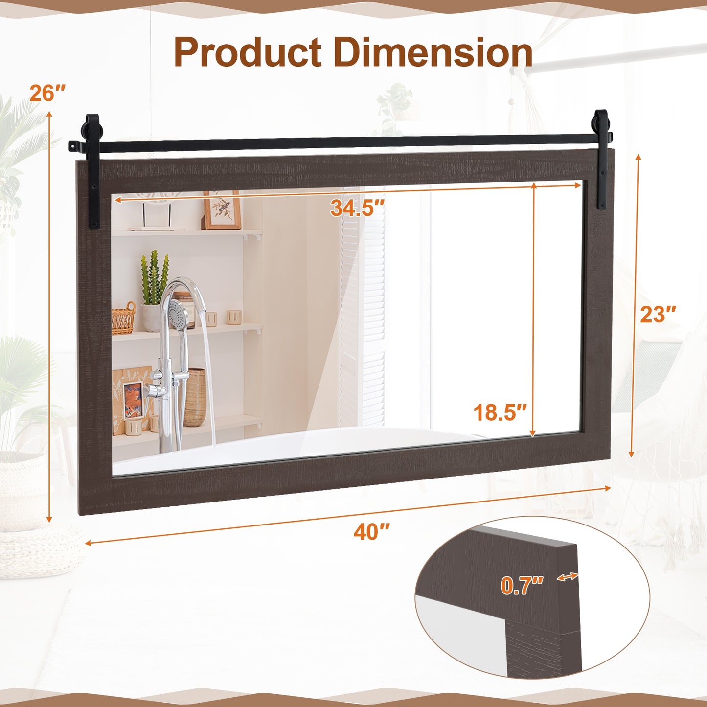 Rectangle Barn Door Style Wall Mounted Mirror with Solid Wood Frame-Walnut Kids Crystal