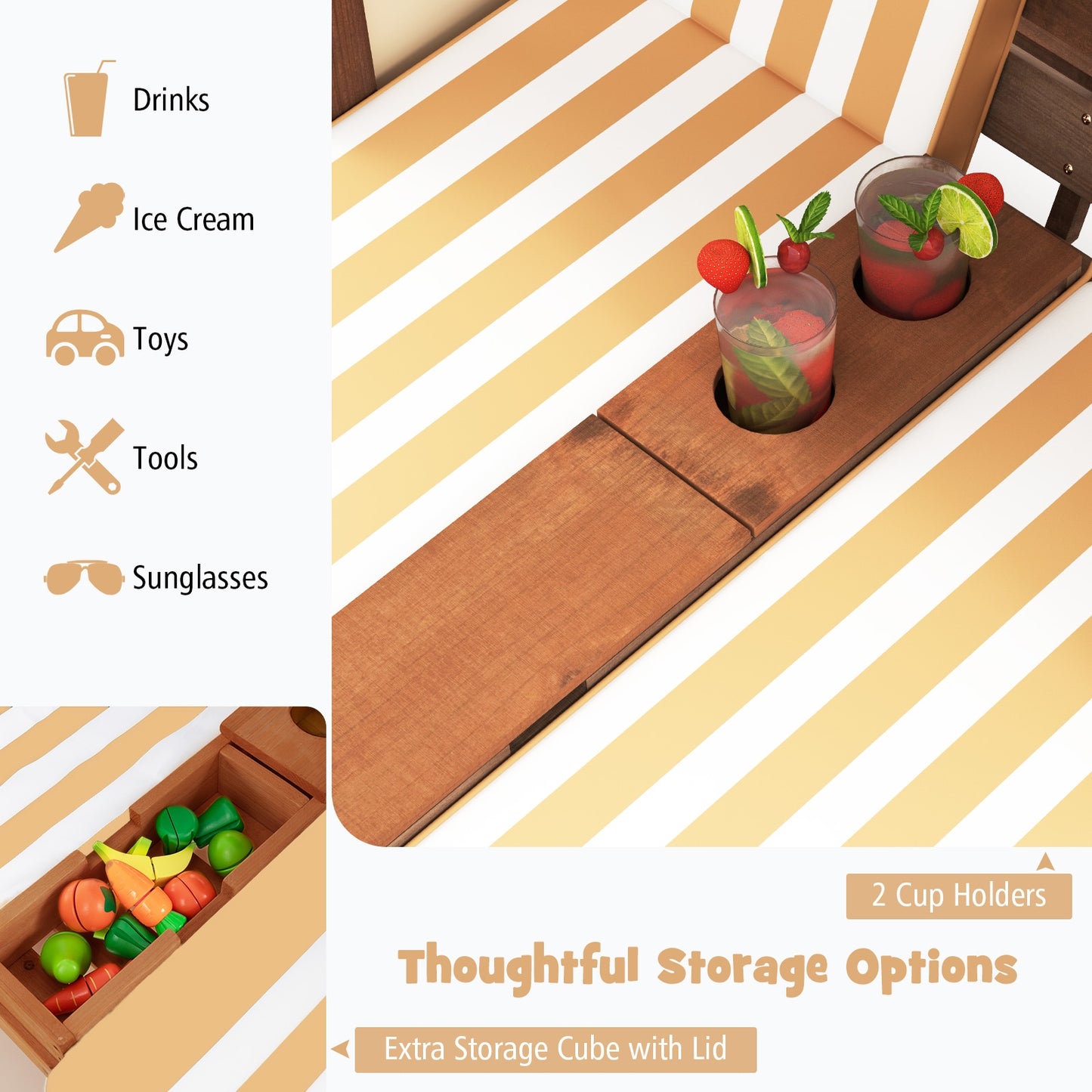 Kids Patio Lounge Chair with Cup Holders and Awning-Brown Kids Crystal