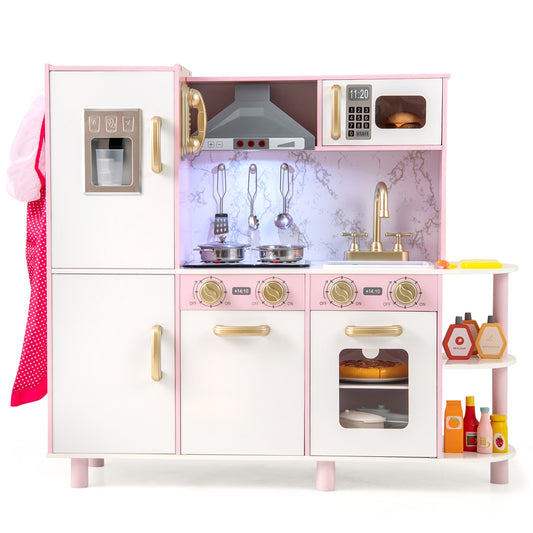 Wooden Kitchen Playset with Ice Maker and Sounds for Ages 3+-Pink Kids Crystal