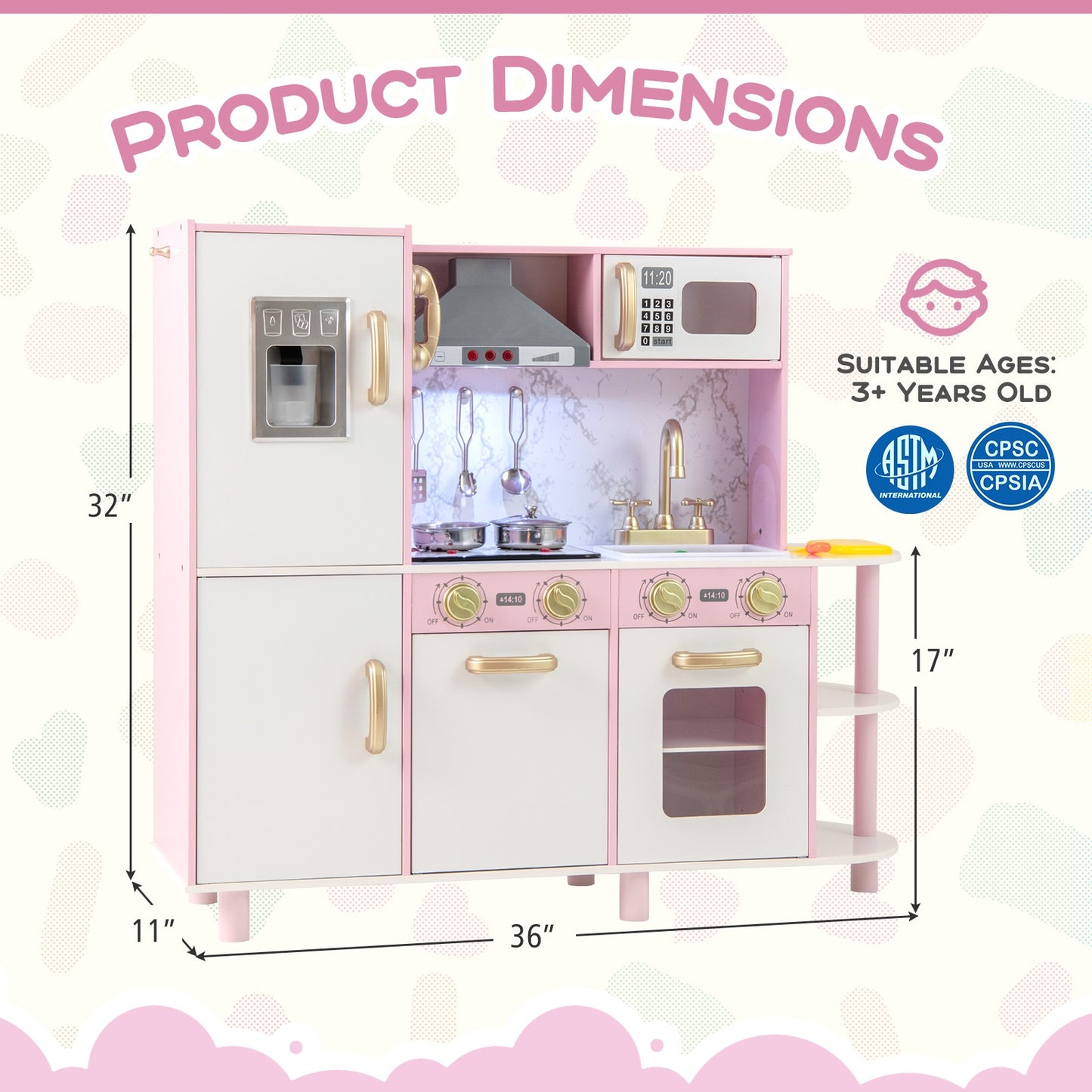 Wooden Kitchen Playset with Ice Maker and Sounds for Ages 3+-Pink Kids Crystal