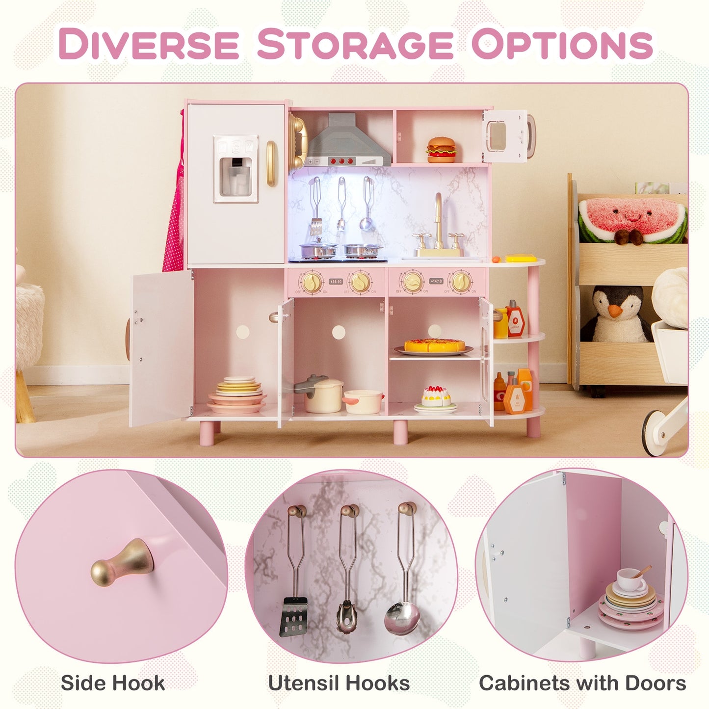 Wooden Kitchen Playset with Ice Maker and Sounds for Ages 3+-Pink Kids Crystal