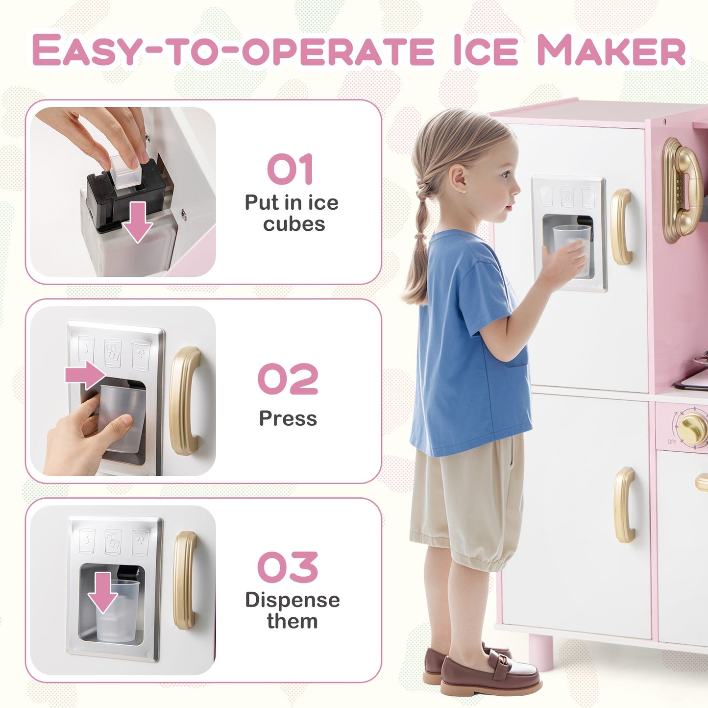 Wooden Kitchen Playset with Ice Maker and Sounds for Ages 3+-Pink Kids Crystal