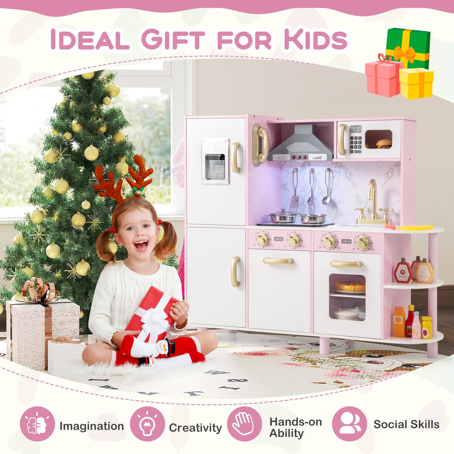 Wooden Kitchen Playset with Ice Maker and Sounds for Ages 3+-Pink Kids Crystal