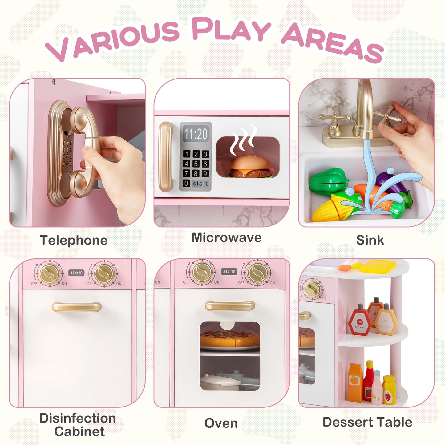 Wooden Kitchen Playset with Ice Maker and Sounds for Ages 3+-Pink Kids Crystal