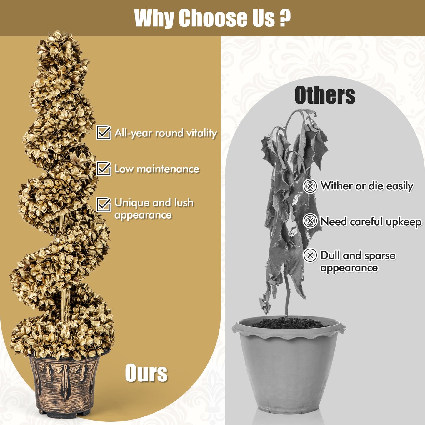 4 FT Artificial Topiary Spiral Tree Set of 2 with Vintage Plastic Nursery Pot-Gold Kids Crystal