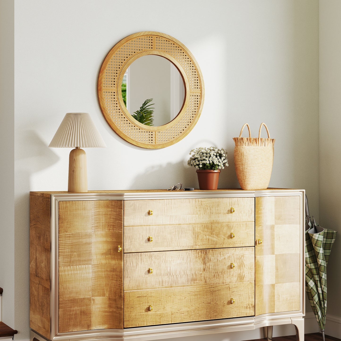 25.5 Inch Bohemian Round Wall Mounted Decorative Mirror with Wooden Frame-Natural Kids Crystal