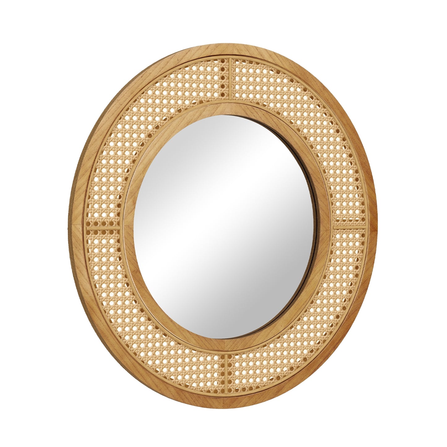 25.5 Inch Bohemian Round Wall Mounted Decorative Mirror with Wooden Frame-Natural Kids Crystal