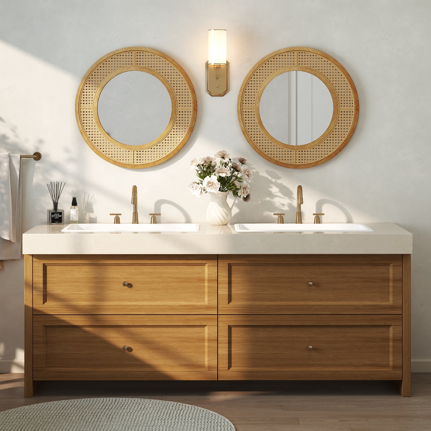 25.5 Inch Bohemian Round Wall Mounted Decorative Mirror with Wooden Frame-Natural Kids Crystal