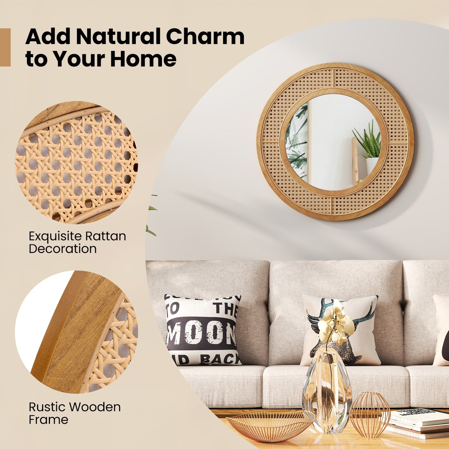 25.5 Inch Bohemian Round Wall Mounted Decorative Mirror with Wooden Frame-Natural Kids Crystal