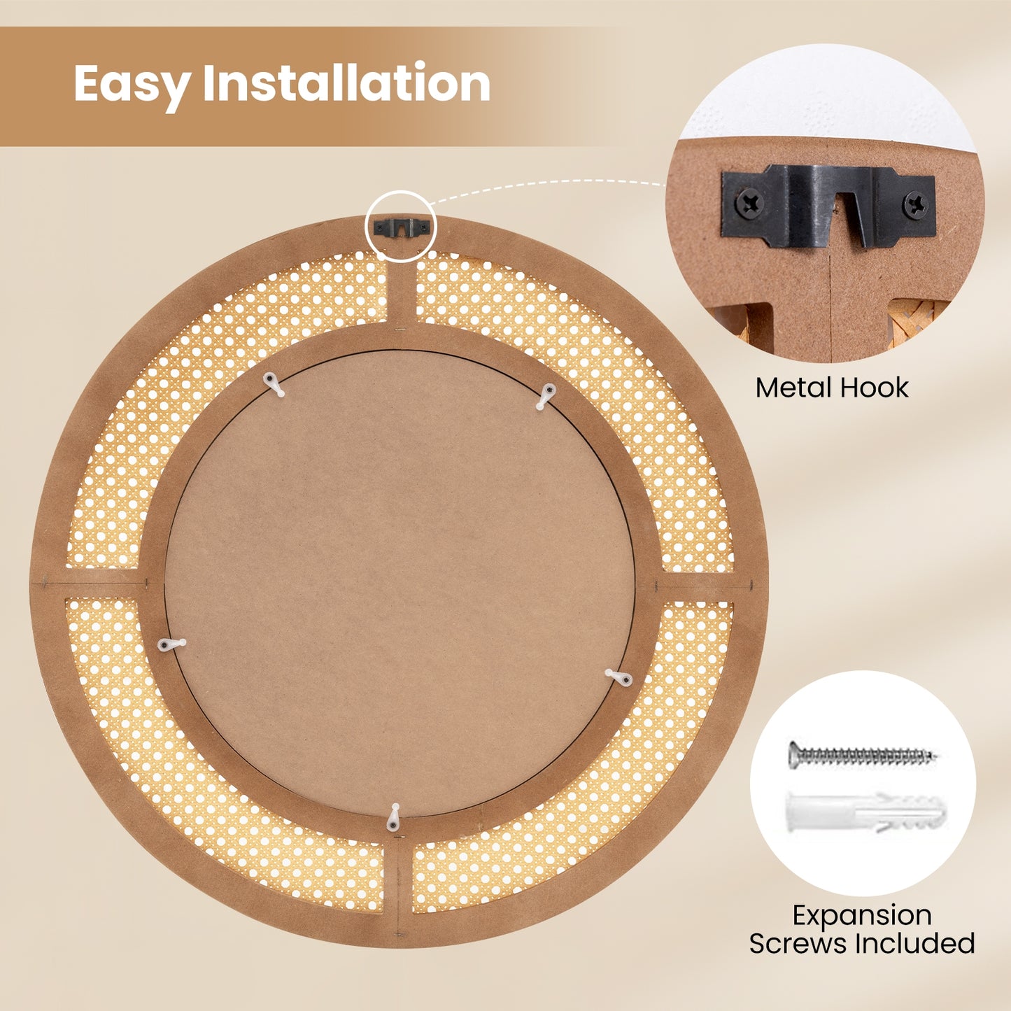 25.5 Inch Bohemian Round Wall Mounted Decorative Mirror with Wooden Frame-Natural Kids Crystal