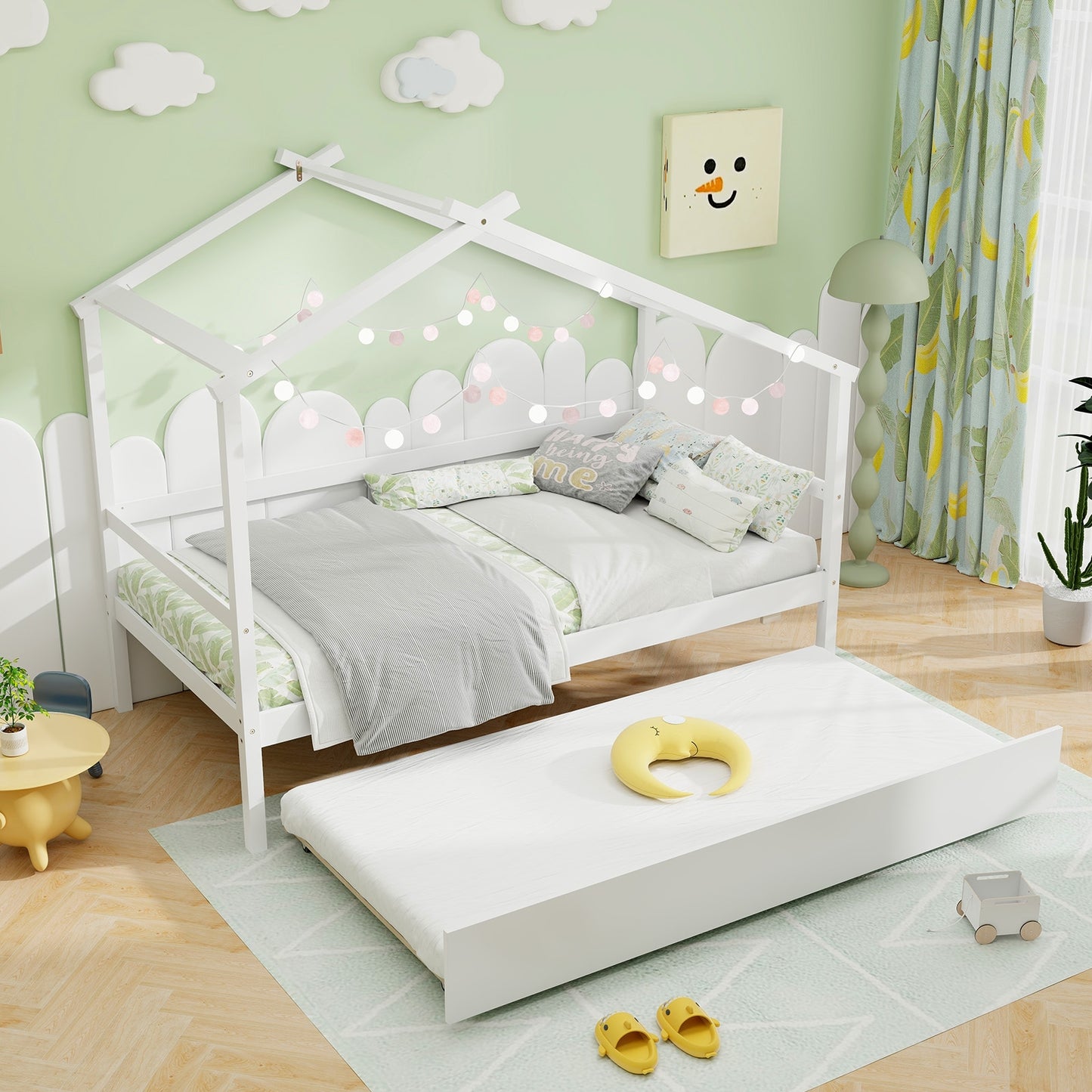 Kids Twin Size House Bed with Trundle and Roof-White Kids Crystal
