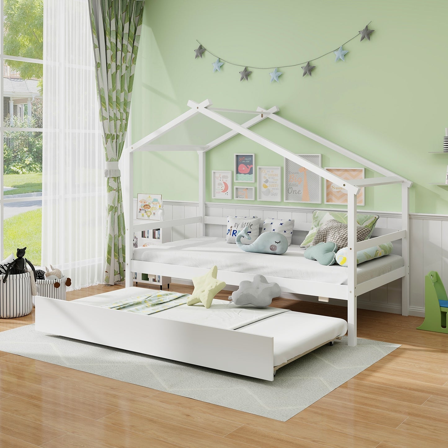 Kids Twin Size House Bed with Trundle and Roof-White Kids Crystal