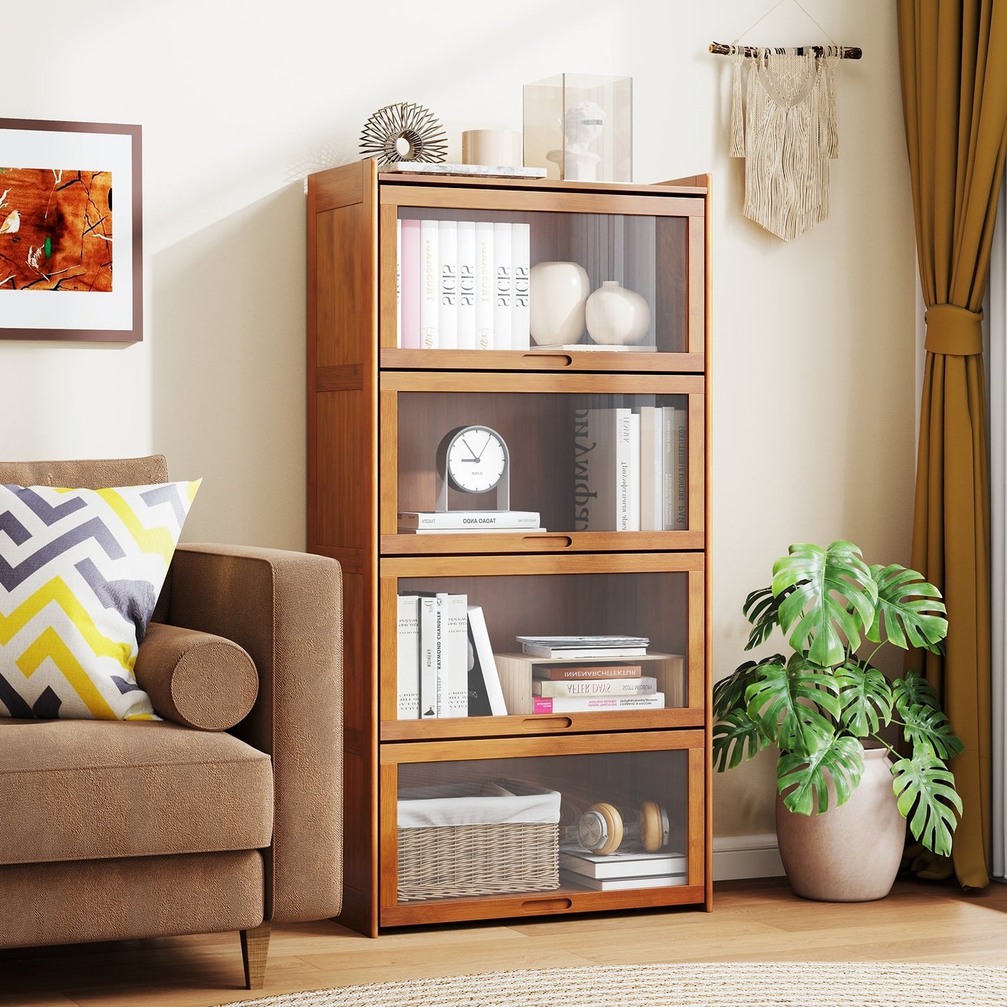 4-Tier Bamboo Bookcase with Doors for Study Room Living Room-Brown Kids Crystal