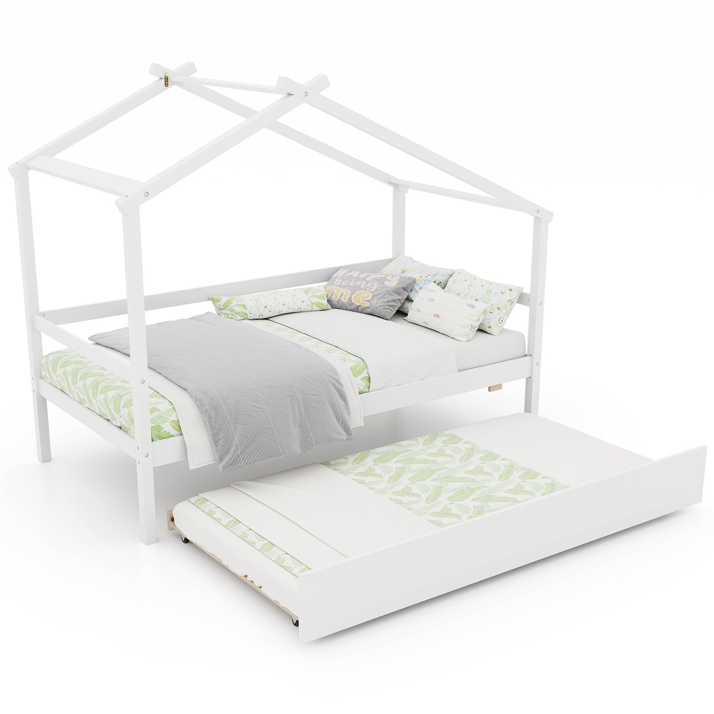 Kids Twin Size House Bed with Trundle and Roof-White Kids Crystal