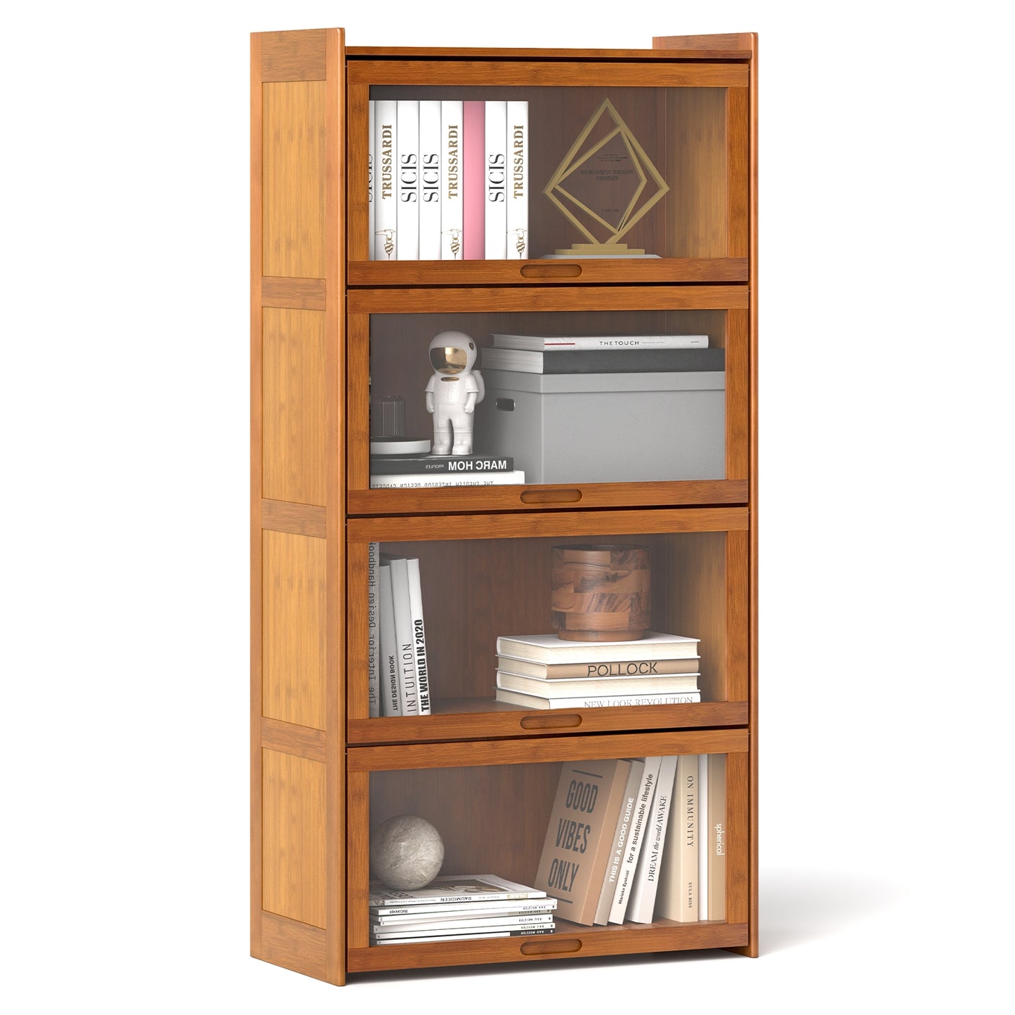 4-Tier Bamboo Bookcase with Doors for Study Room Living Room-Brown Kids Crystal