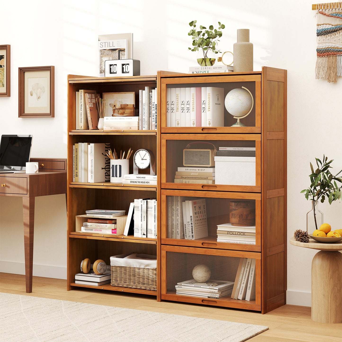 4-Tier Bamboo Bookcase with Doors for Study Room Living Room-Brown Kids Crystal