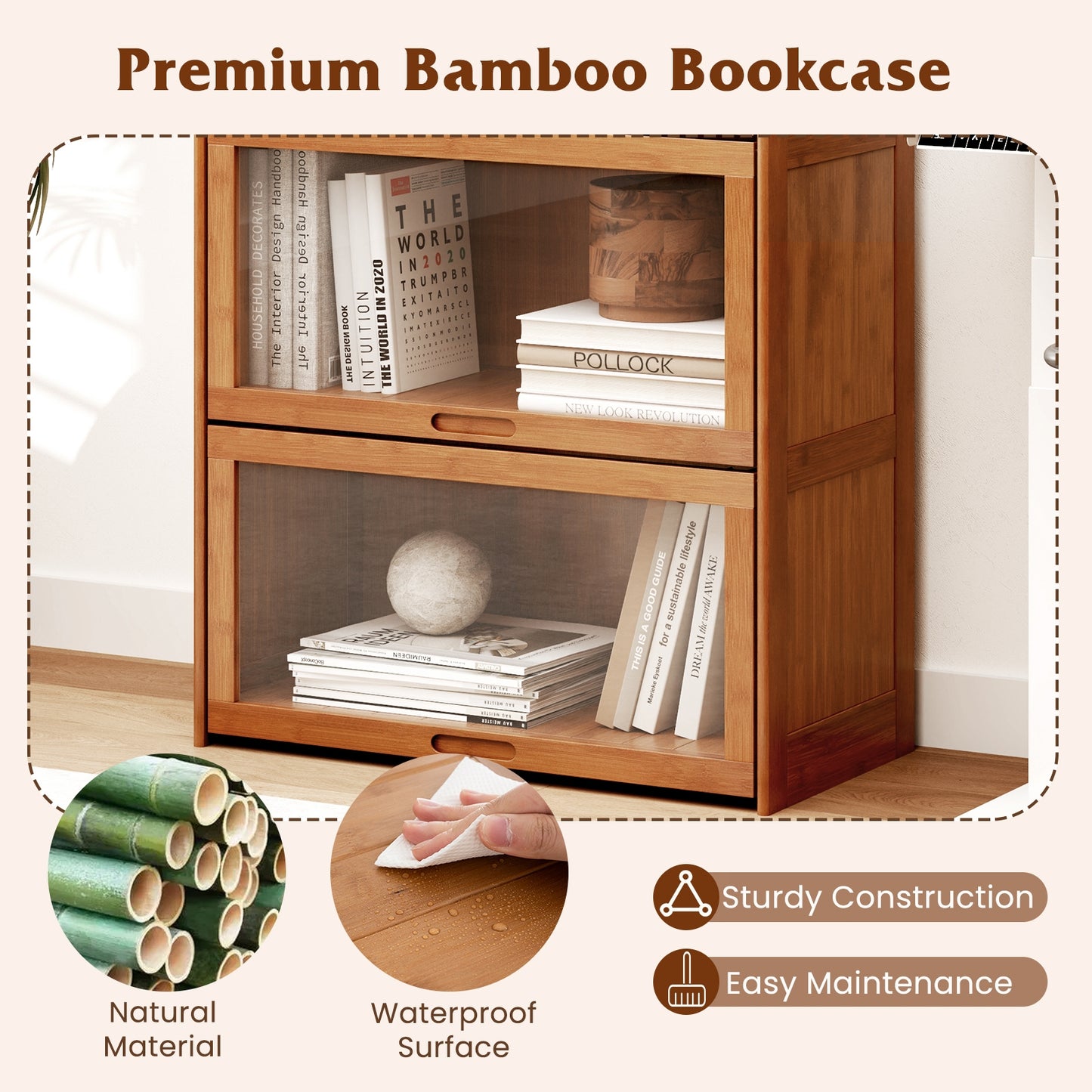 4-Tier Bamboo Bookcase with Doors for Study Room Living Room-Brown Kids Crystal