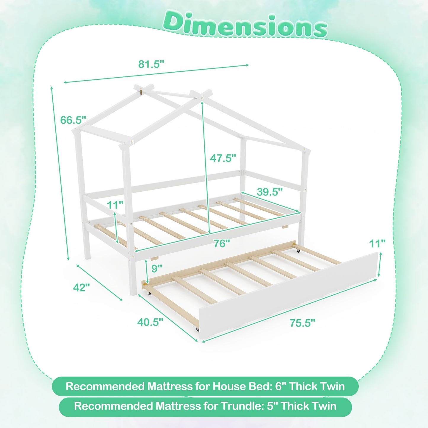 Kids Twin Size House Bed with Trundle and Roof-White Kids Crystal